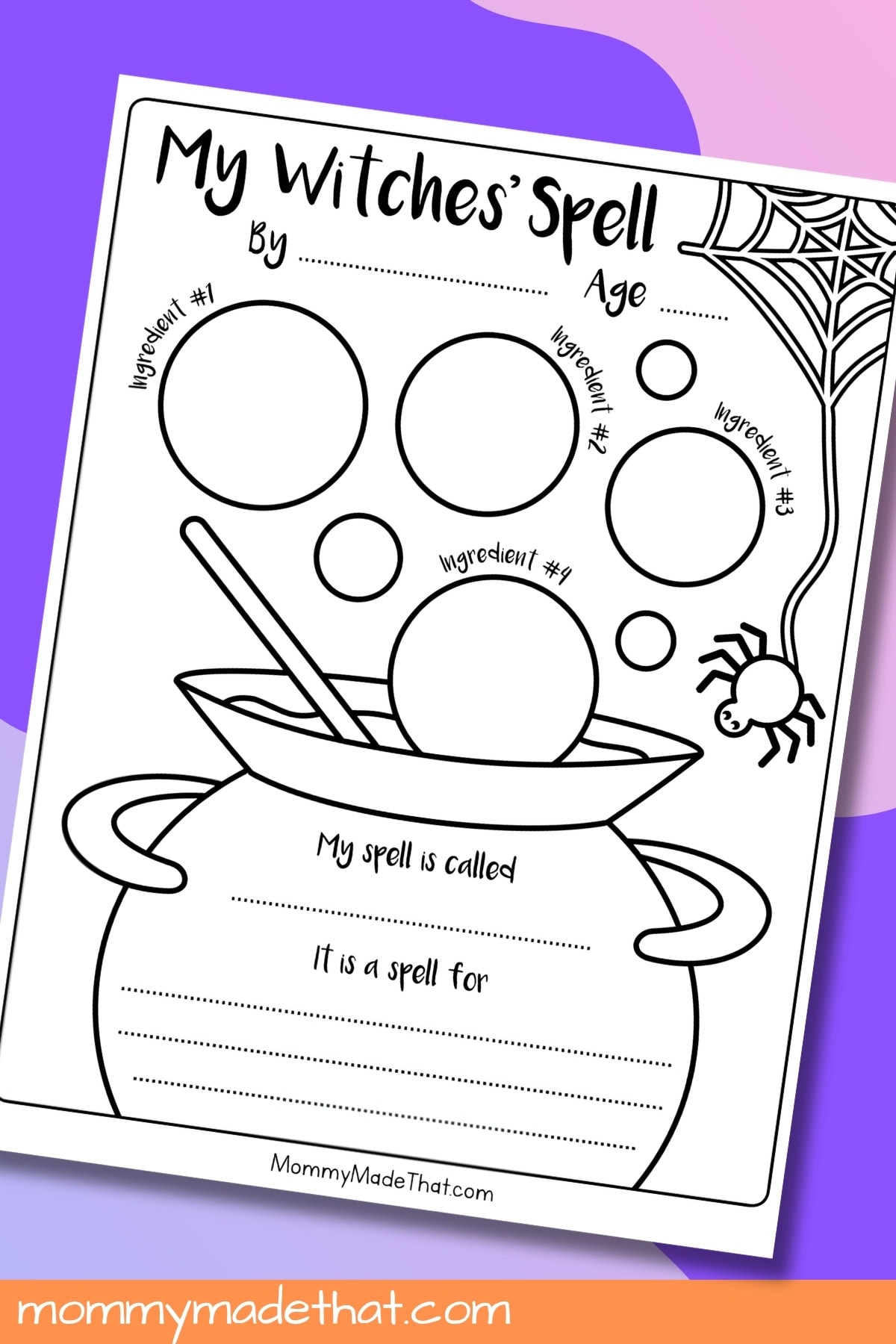 My Witches’ Spell writing template for kids with potion ingredient circles and a cauldron