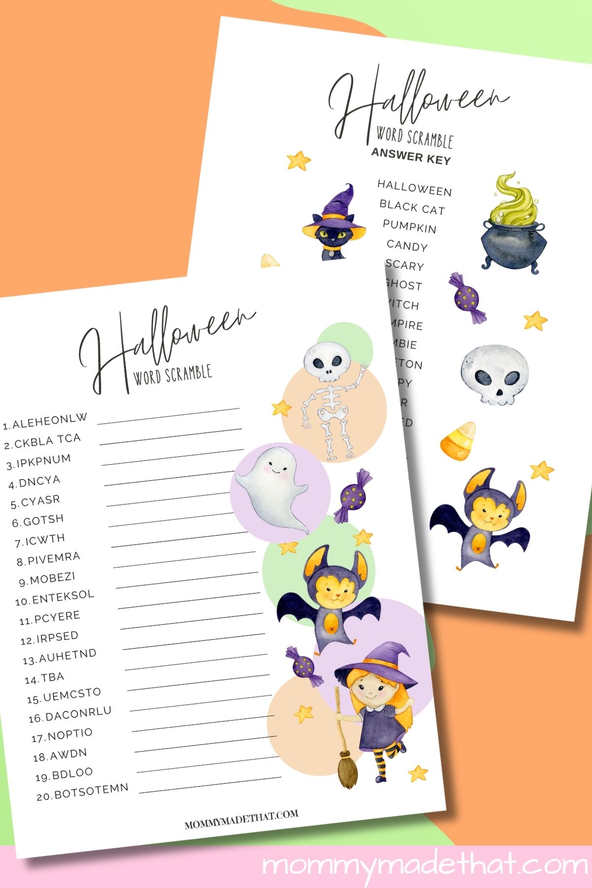 Printable Halloween word scramble.