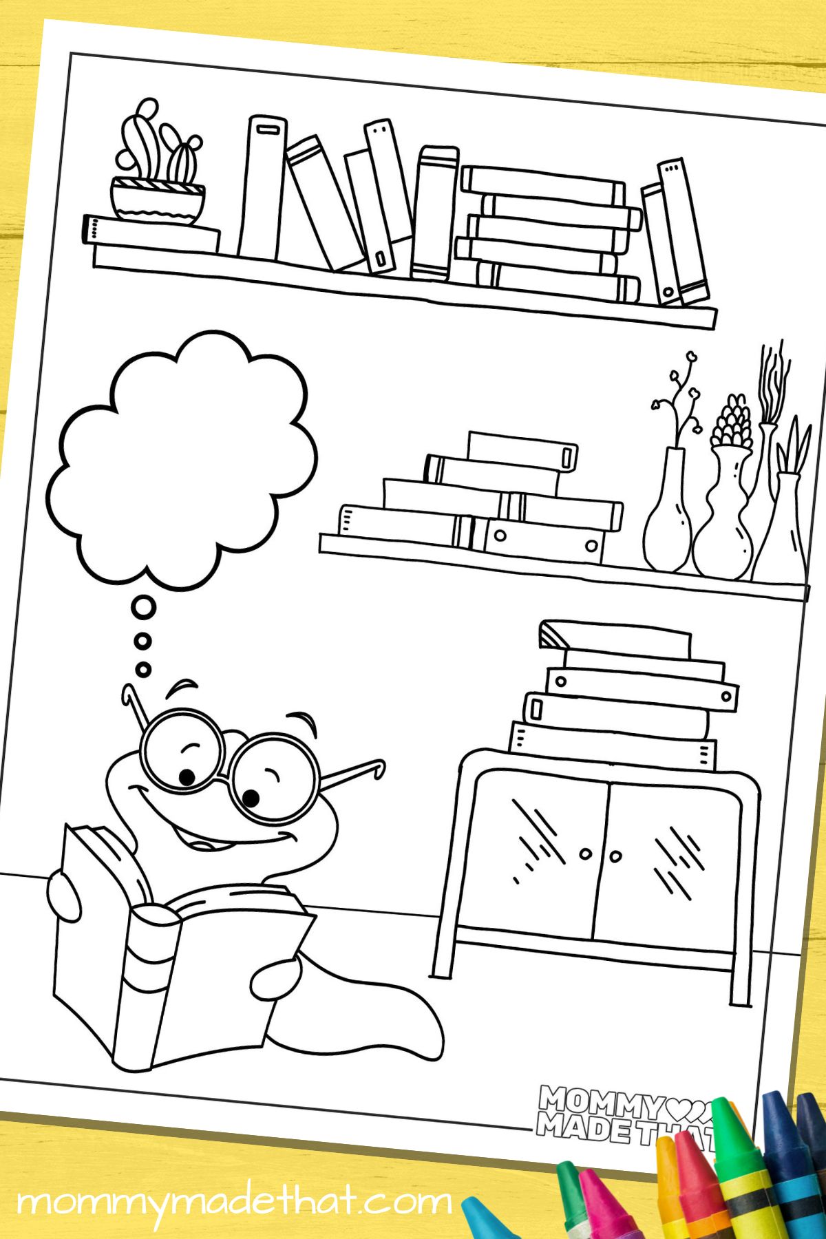 bookworm in library coloring page