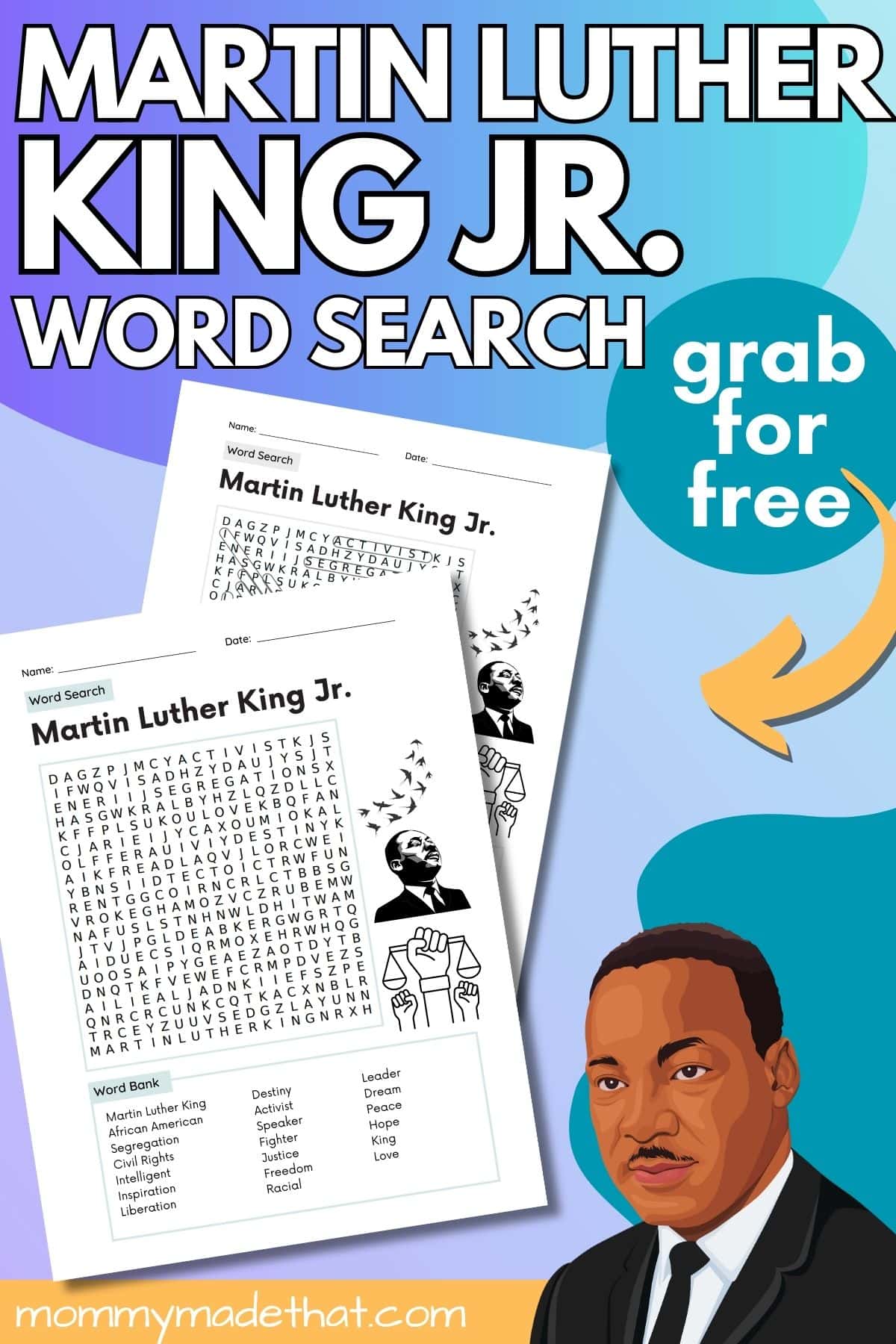 Martin Luther King Jr. word search worksheets.