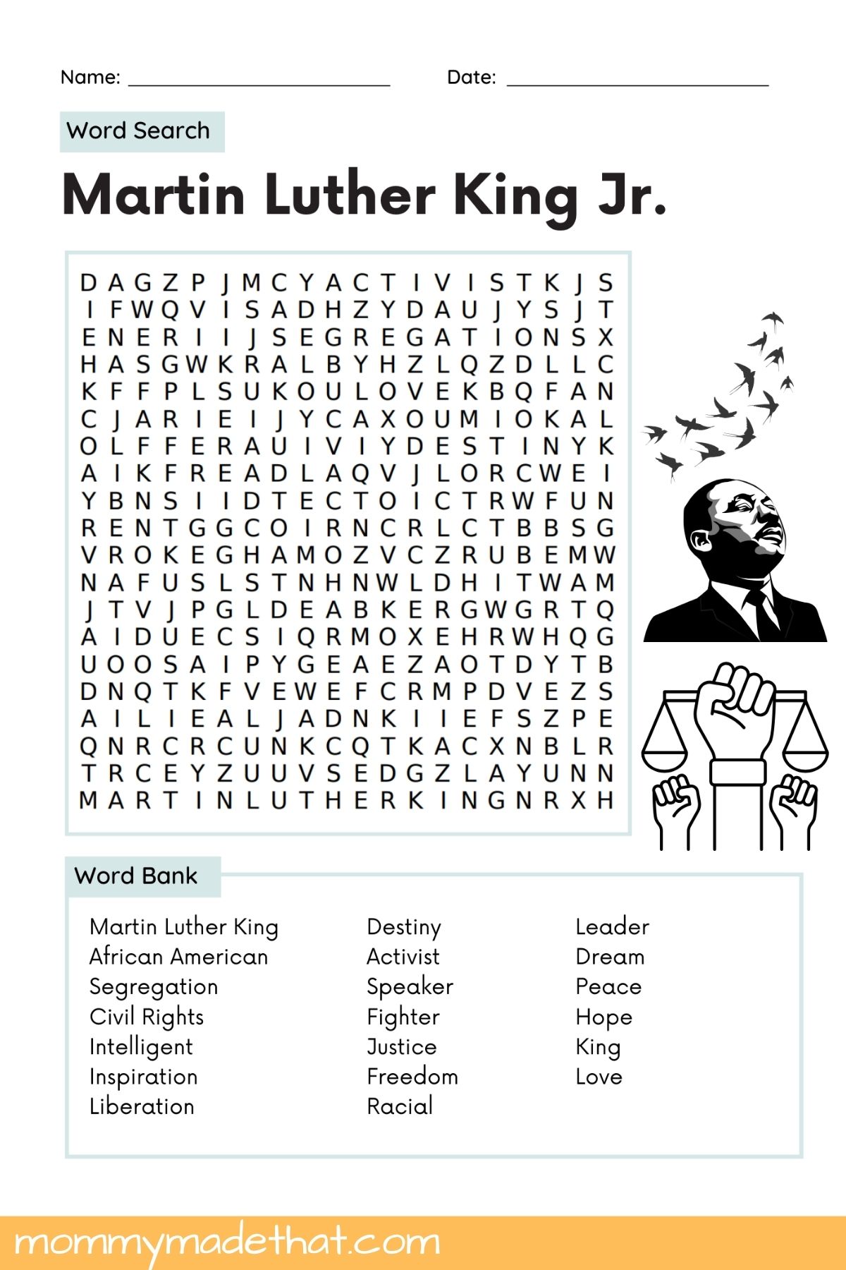 Martin Luther King Jr. word search.
