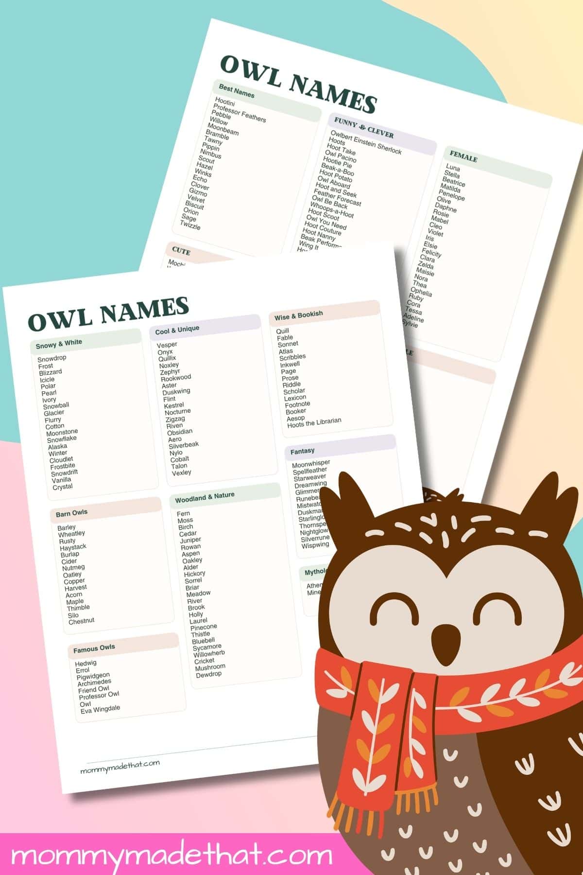 Two owl names printable pages with pastel category boxes and a smiling brown owl wearing an orange scarf.