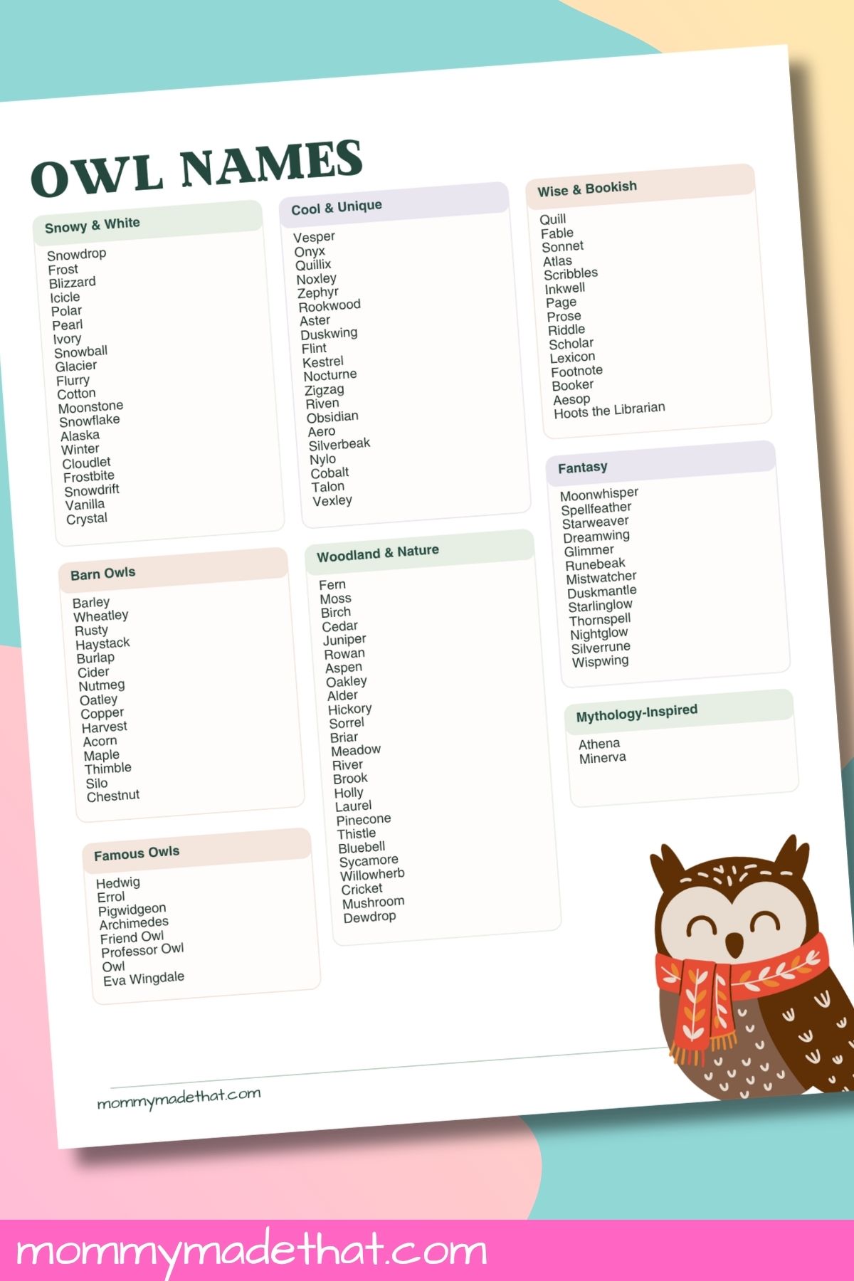 Owl names printable page with snowy, barn, woodland, fantasy, and famous owl name categories.