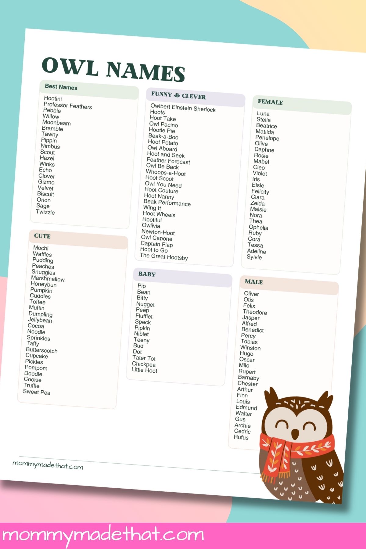 Owl names printable page with cute, funny, female, male, and baby name lists beside a scarf-wearing owl.