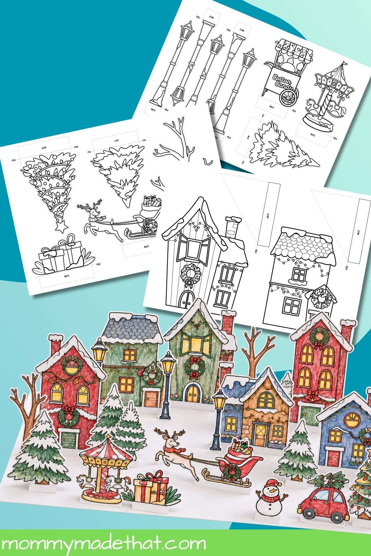 Printable paper Christmas village templates with a colored stand-up village of houses, trees, and holiday decorations.