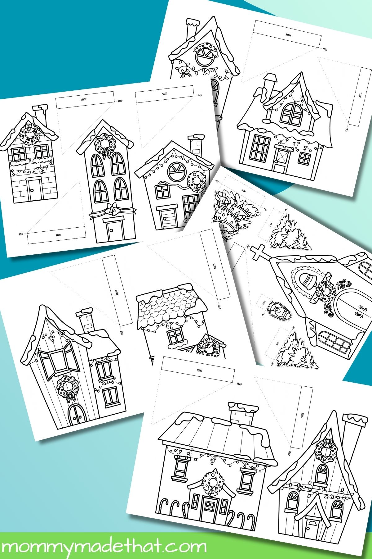 Black-and-white Christmas village house and church templates with fold lines and support tabs.