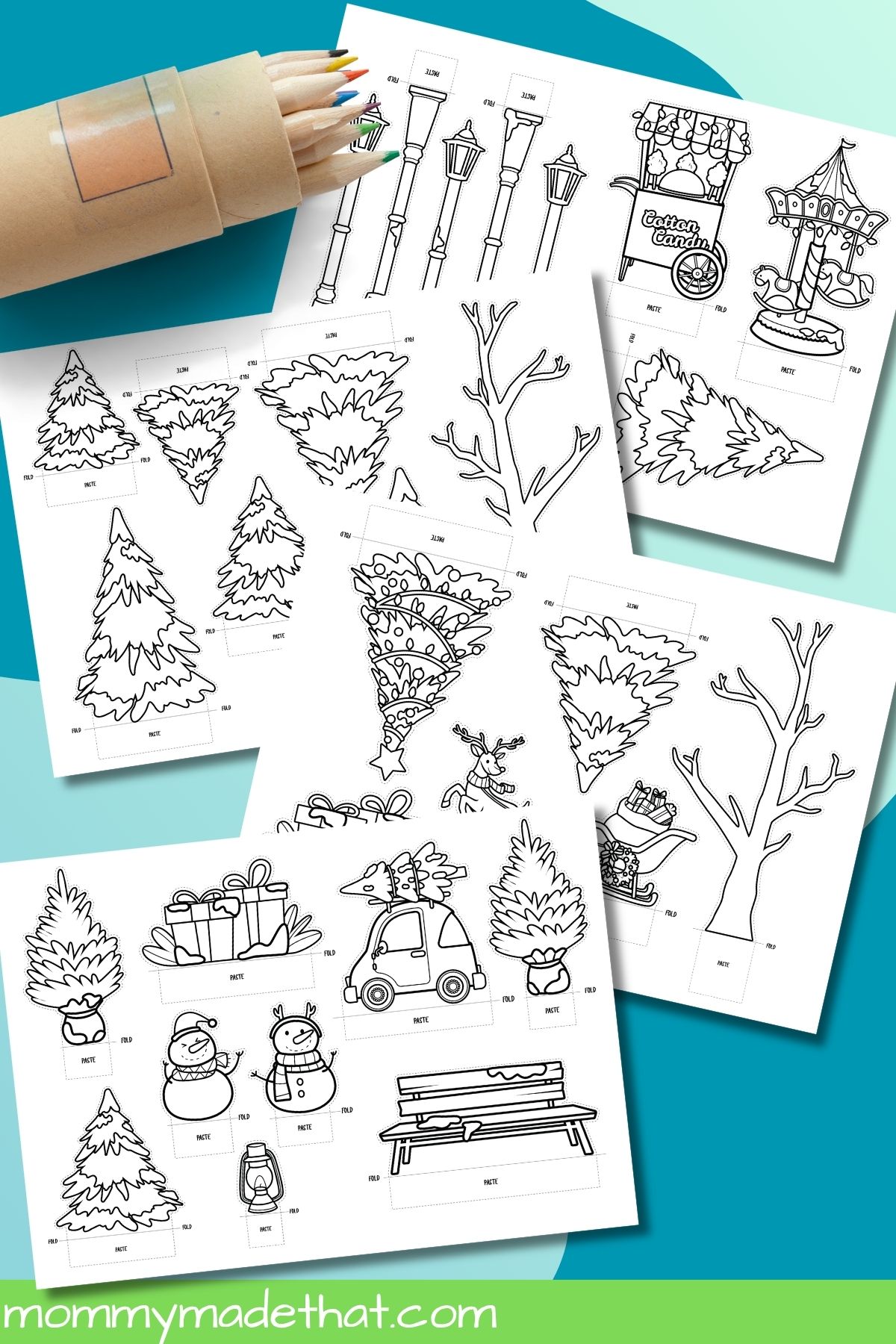 Christmas village scenery templates with snowy trees, streetlamps, a cotton candy cart, and a carousel.