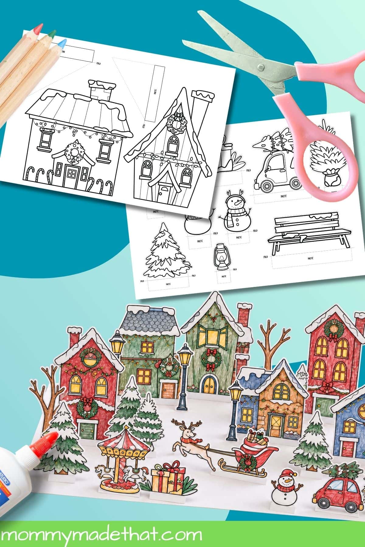 Paper Christmas village craft with house templates, colored pencils, scissors, and a finished colored village.