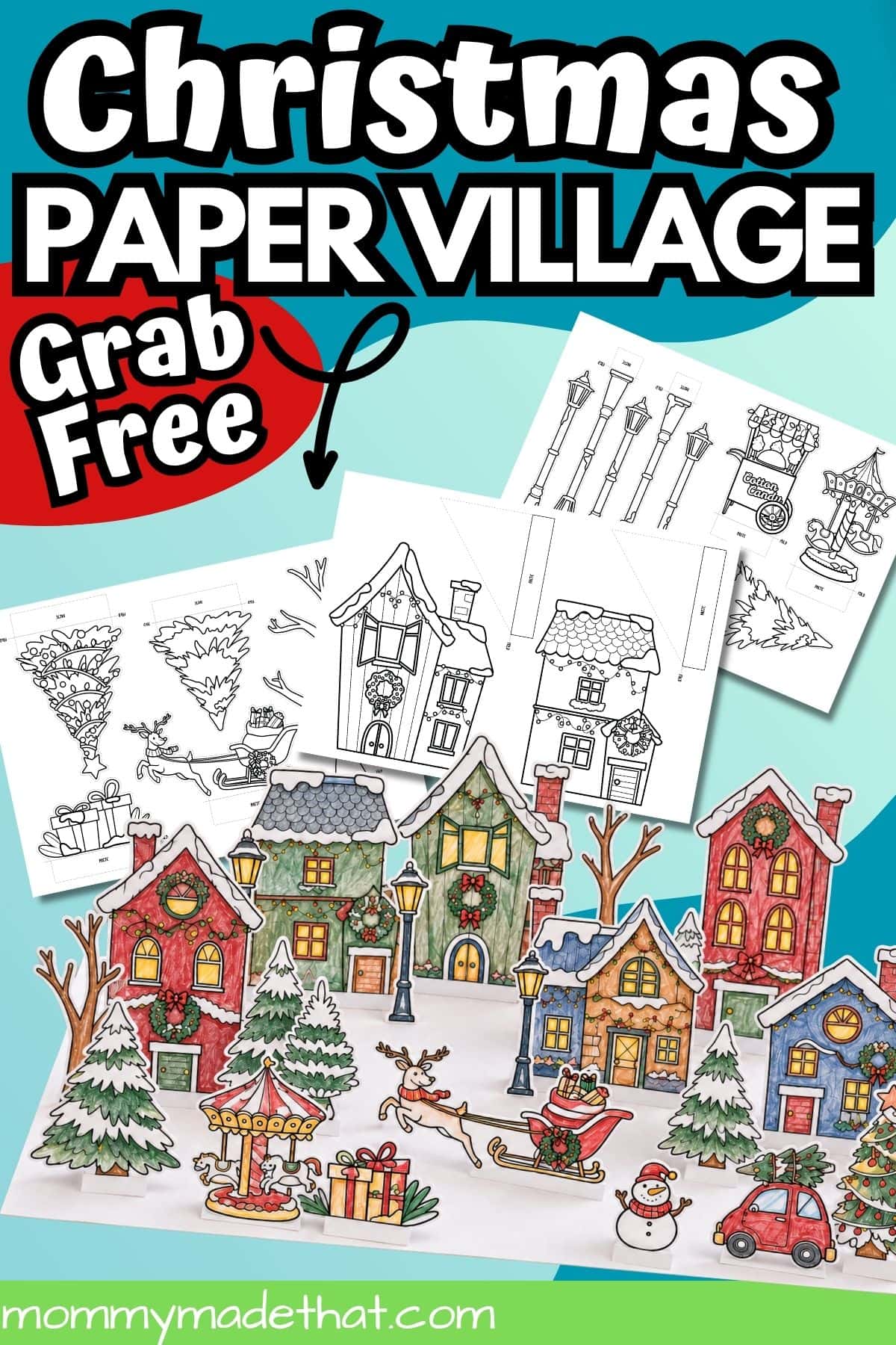 Free printable Christmas paper village with template previews and colorful houses, a sleigh, and snowmen.