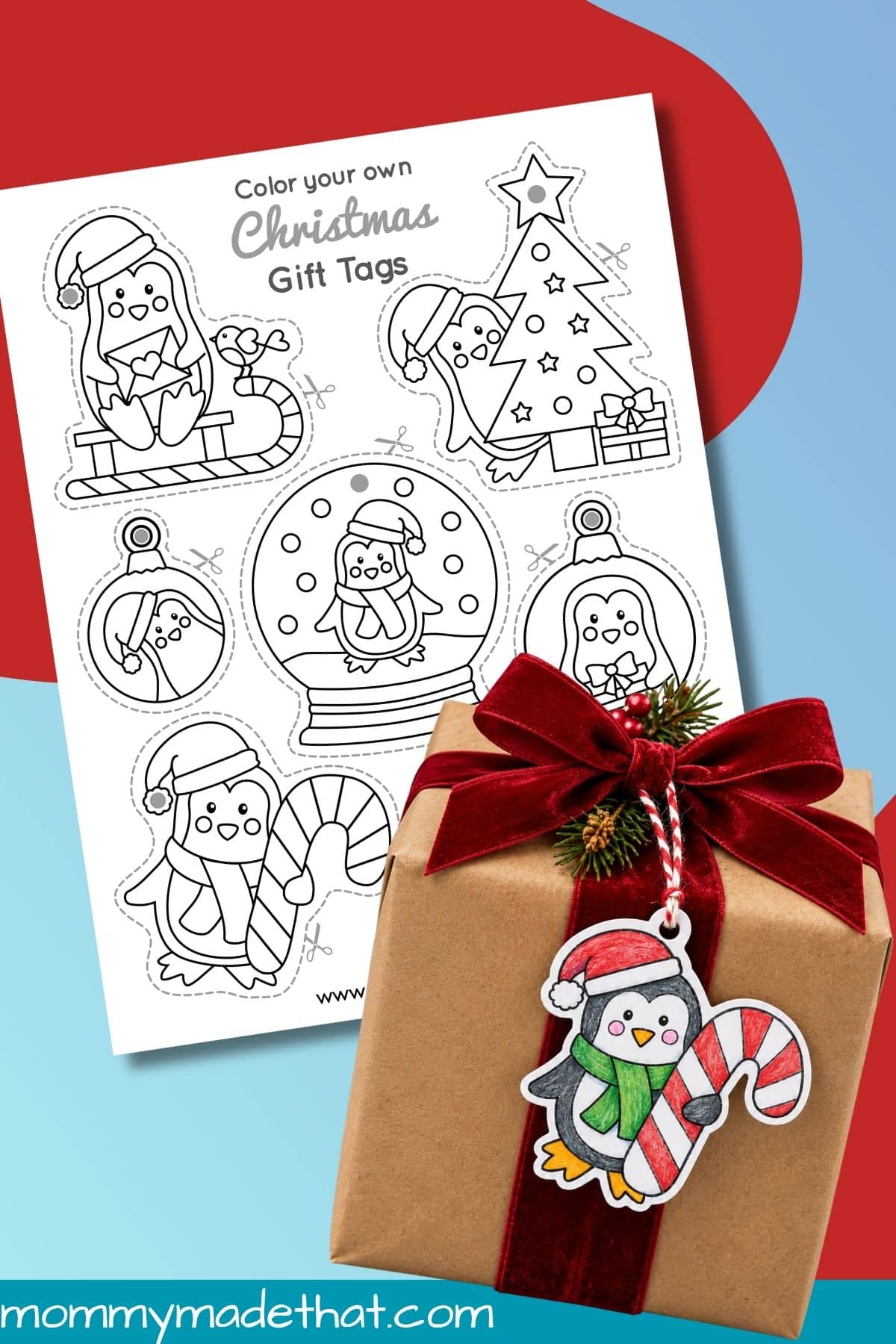Printable penguin gift tags sheet beside a colored candy cane penguin on a wrapped gift