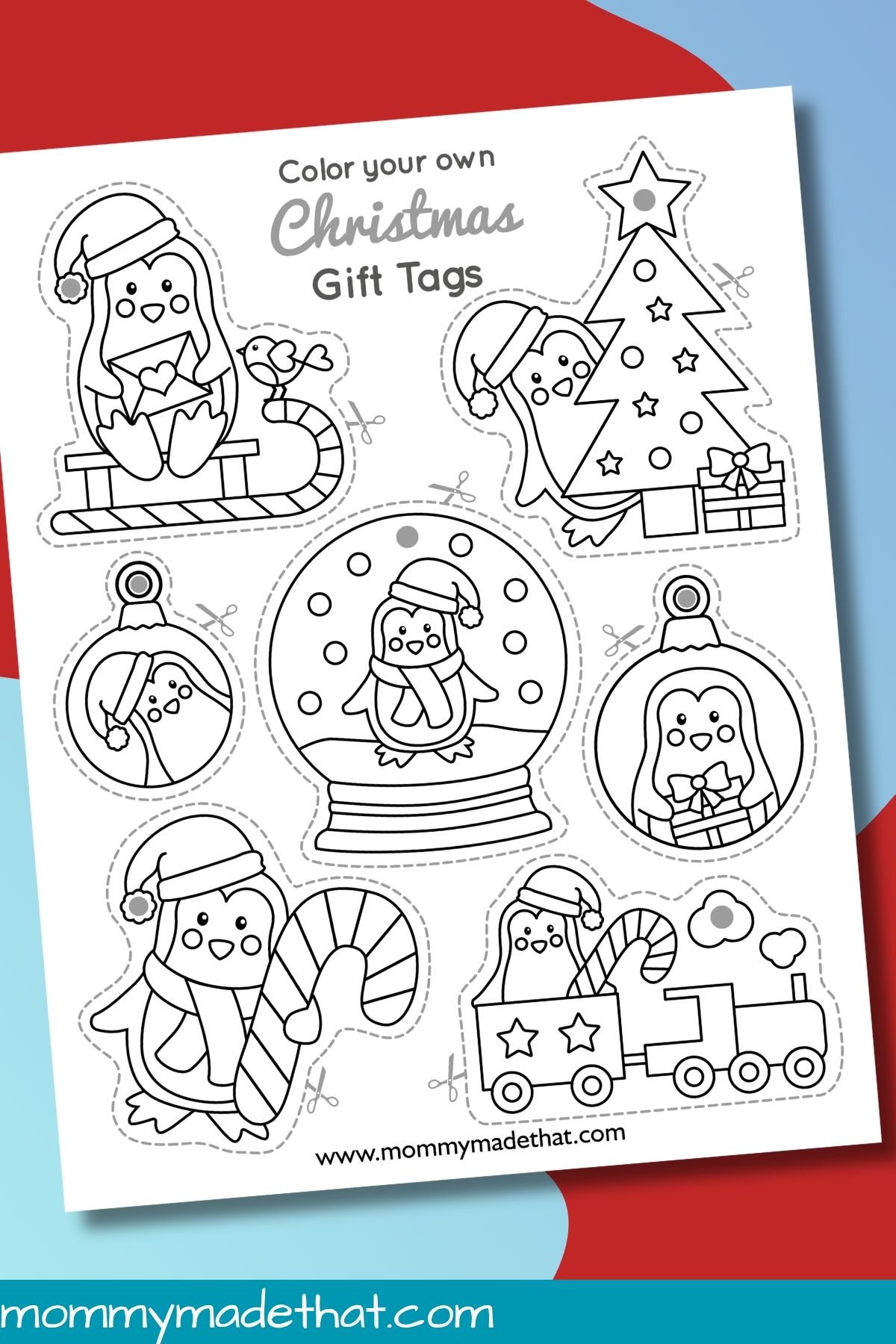 Seven black-and-white penguin Christmas gift tags on a printable sheet