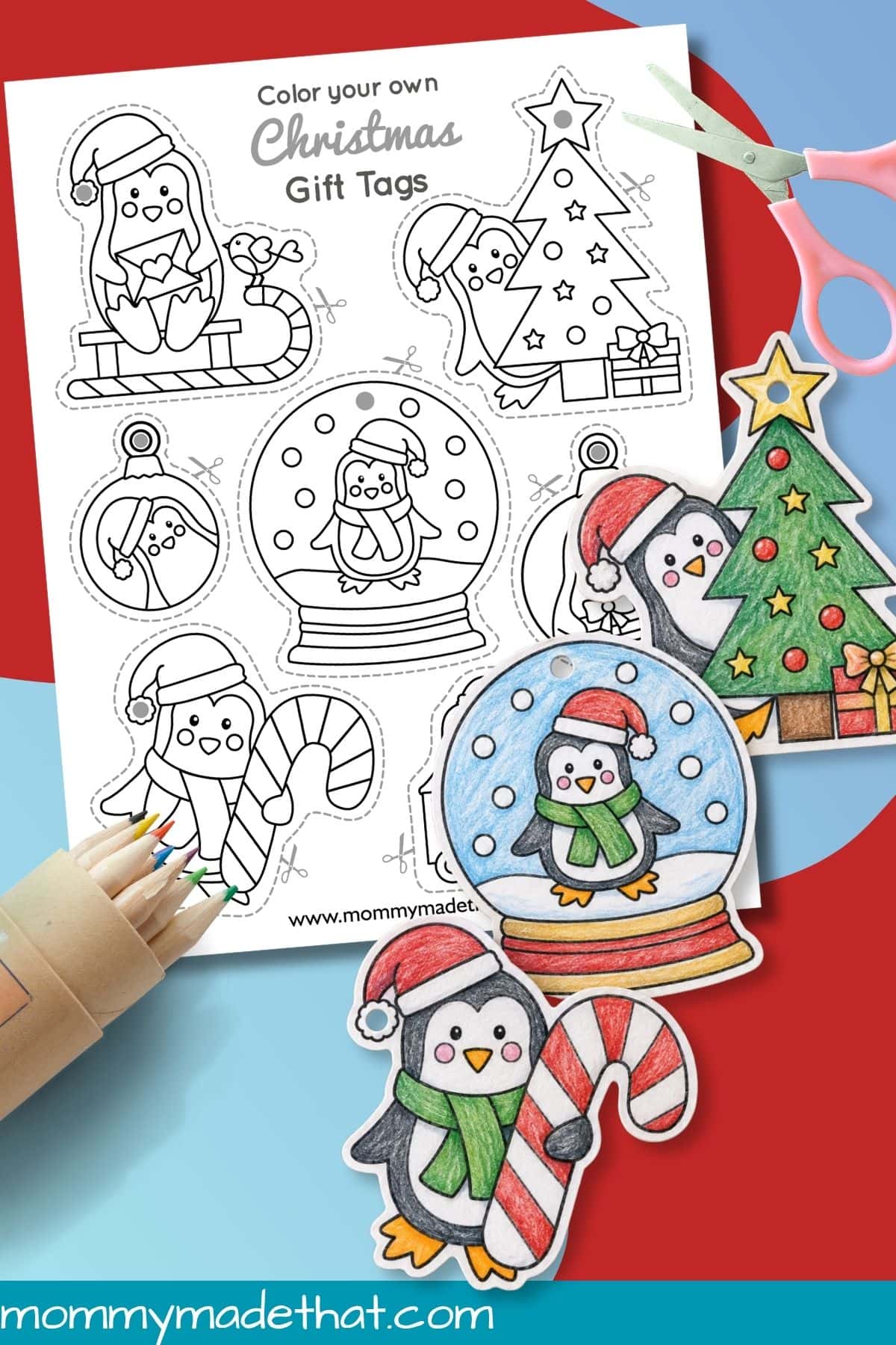 Colored penguin gift tags with the printable sheet, pencils, and scissors