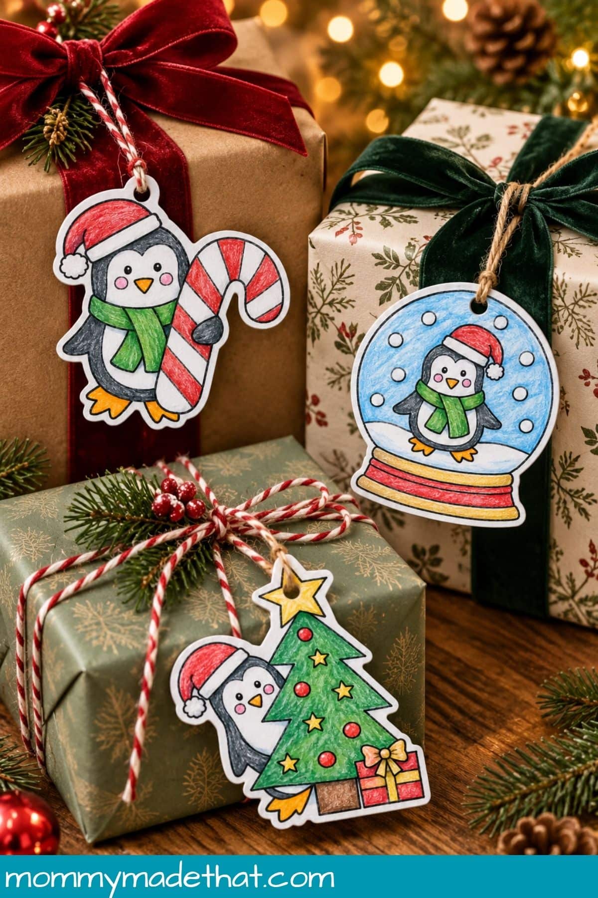 Penguin gift tags colored and tied onto three Christmas presents