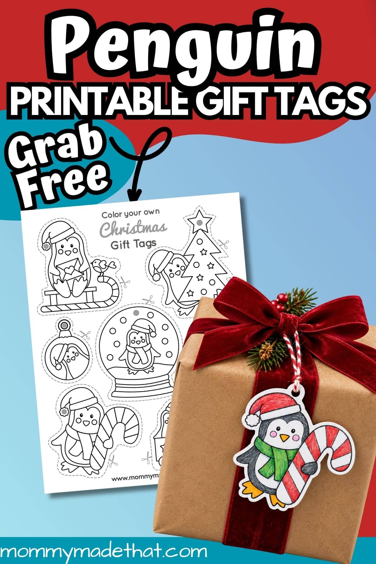 Free printable penguin gift tags graphic with a coloring sheet and wrapped gift