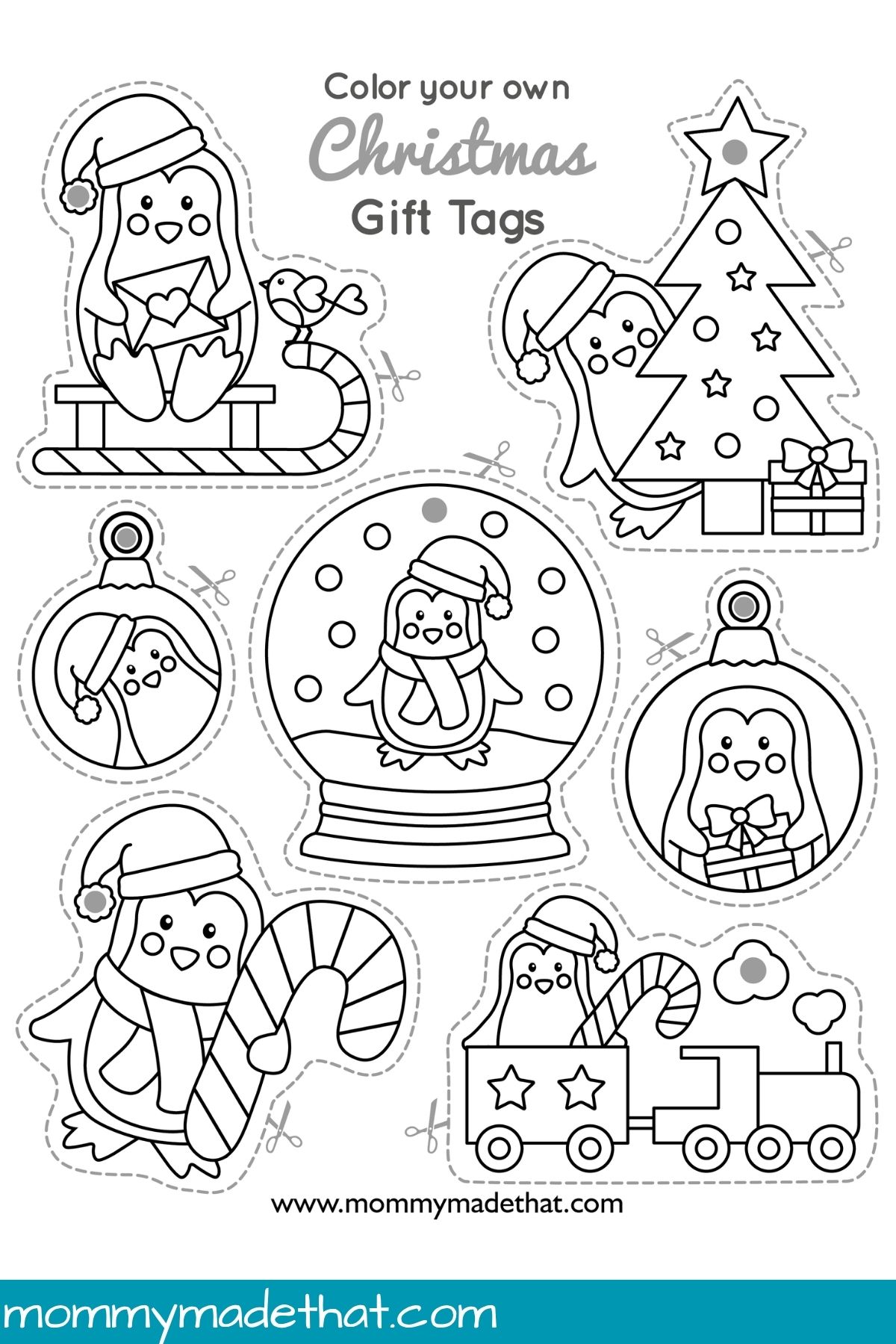 Full sheet of seven penguin Christmas gift tags to color and cut out