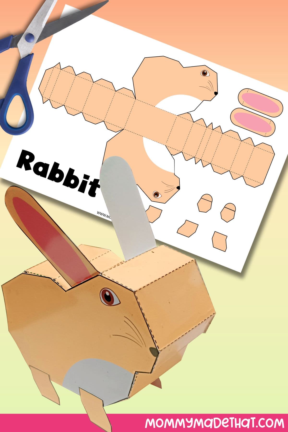 3D paper bunny craft template.