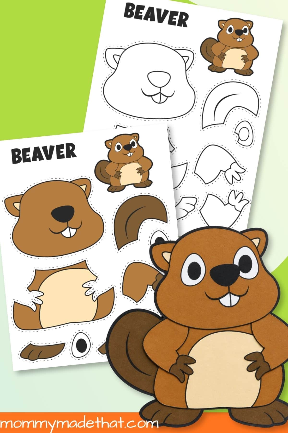 Finished paper beaver with colored and coloring templates