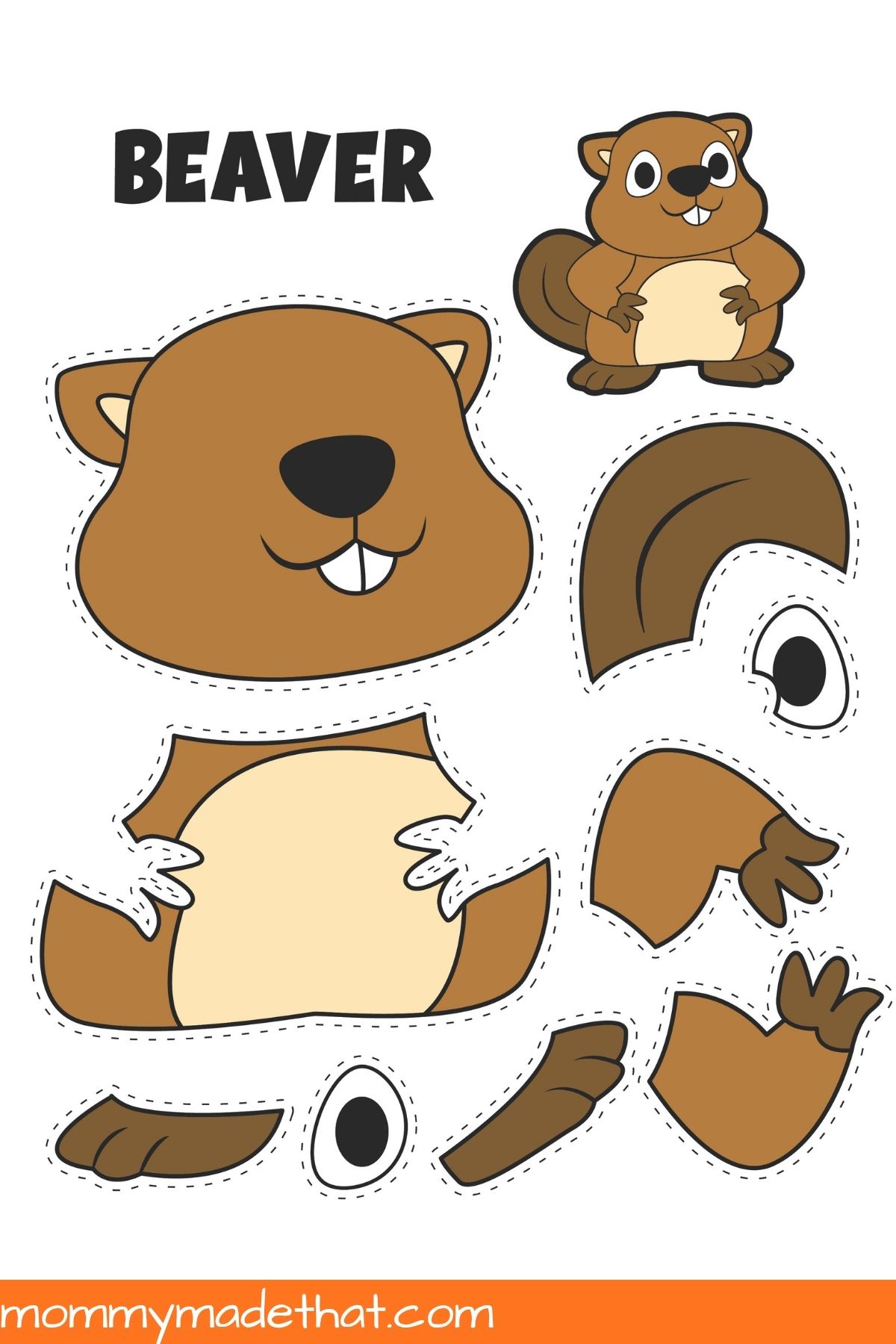 Beaver craft pieces with dashed cutting guides