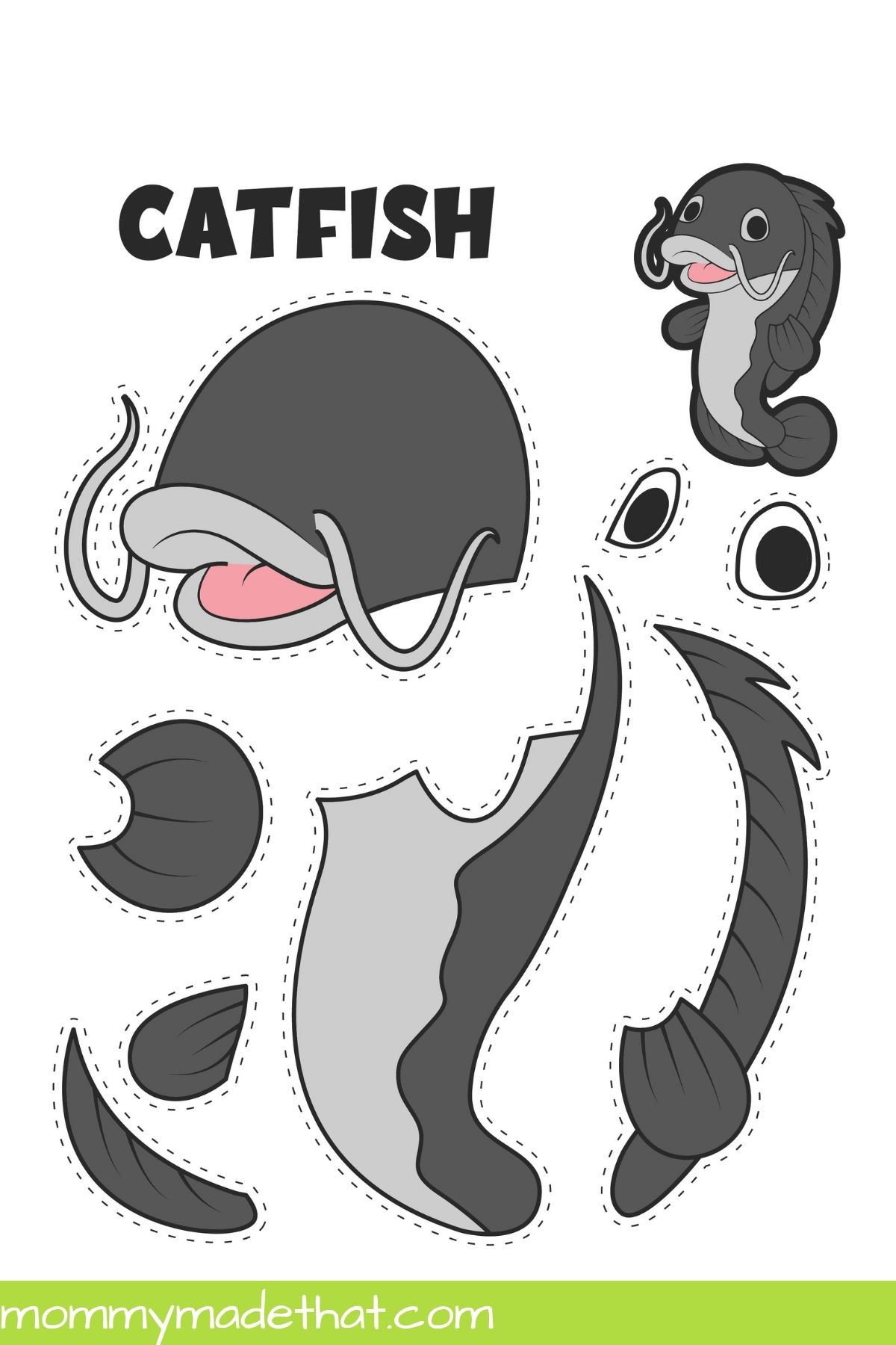 Catfish craft pieces with dashed cutting guides