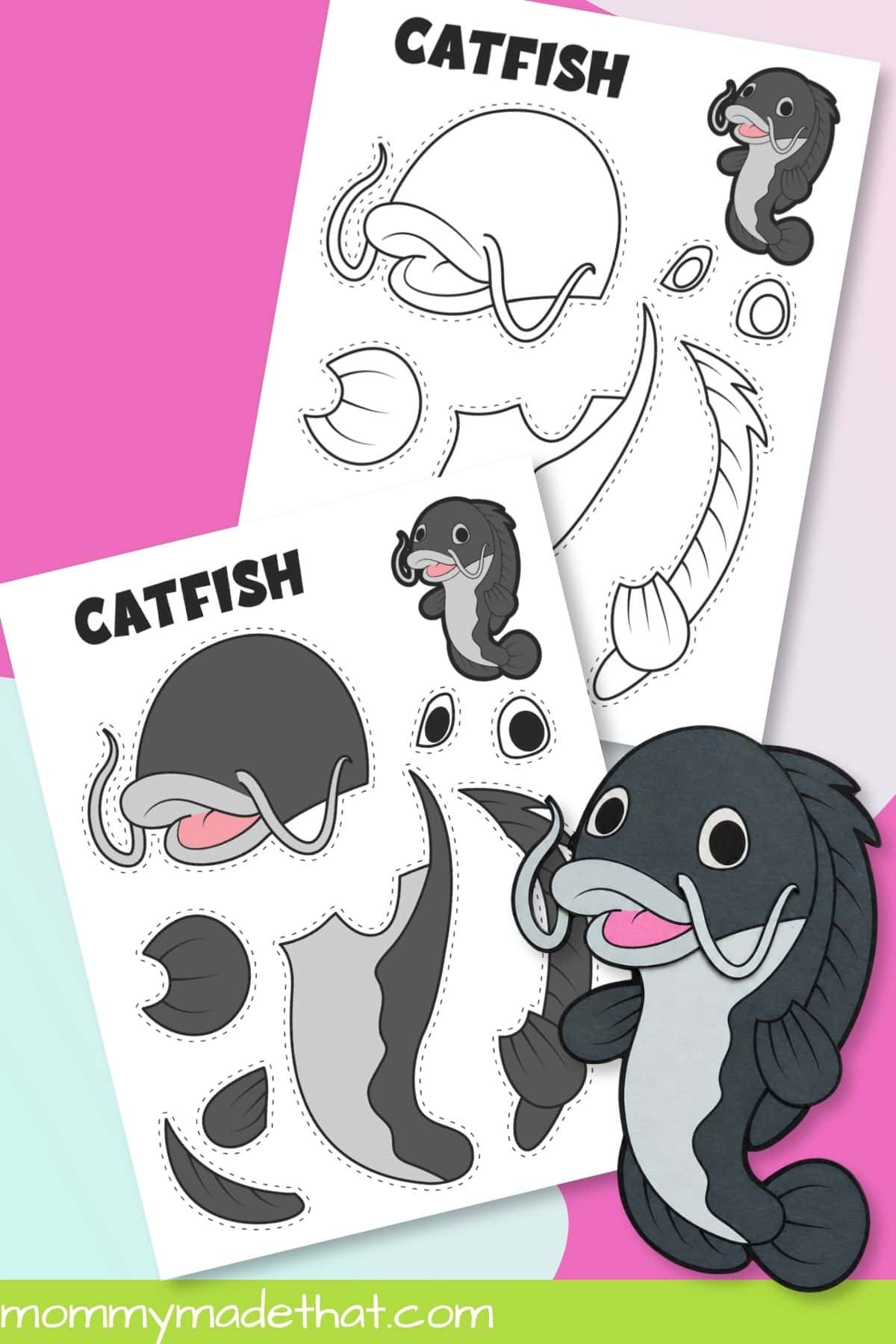 Finished paper catfish with colored and coloring templates