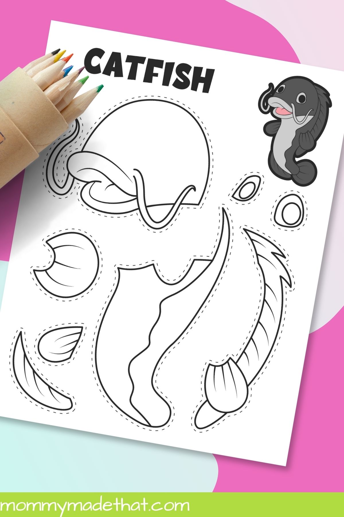 Catfish coloring template with colored pencils
