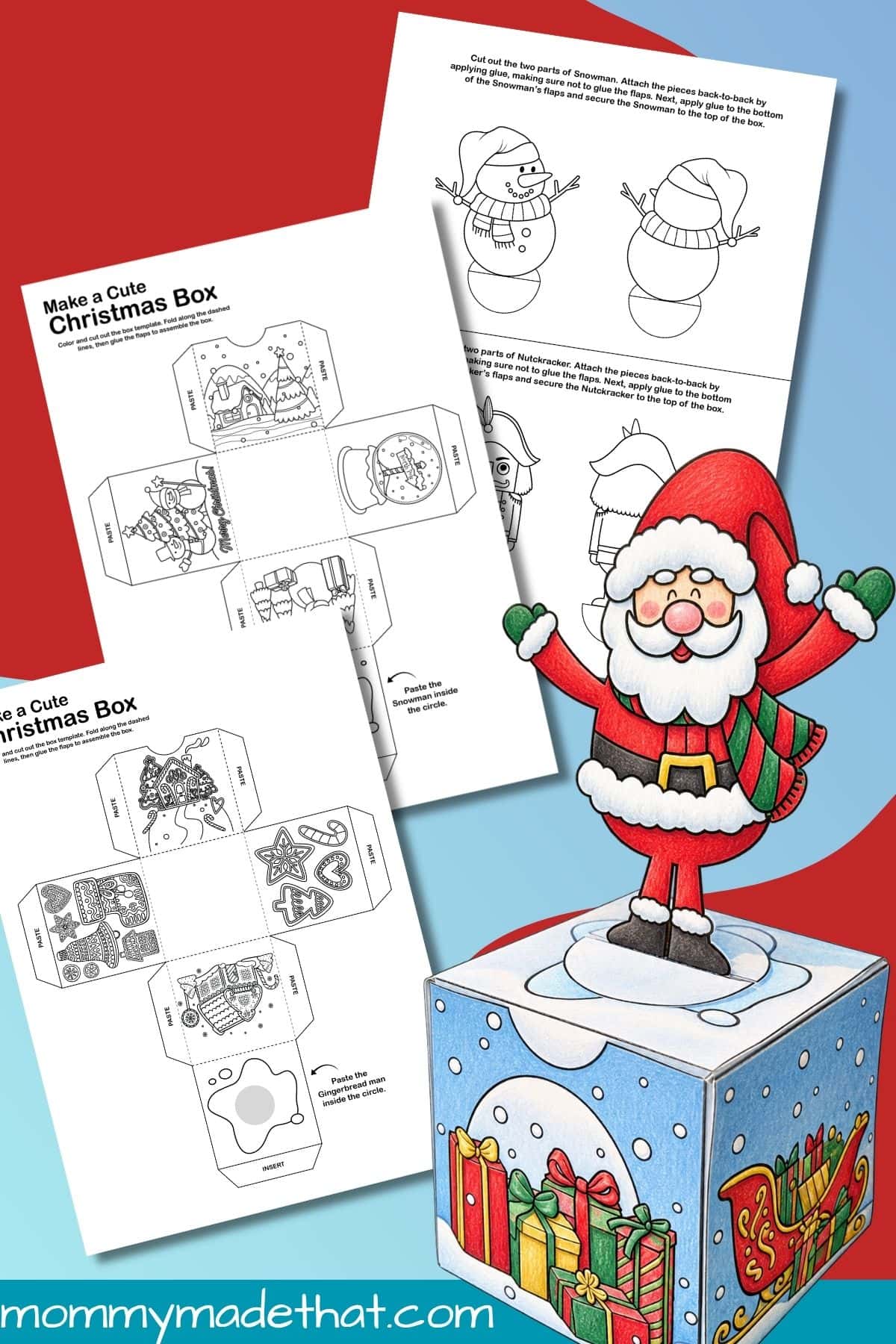 Printable Christmas box templates beside a colored Santa box with a standing topper