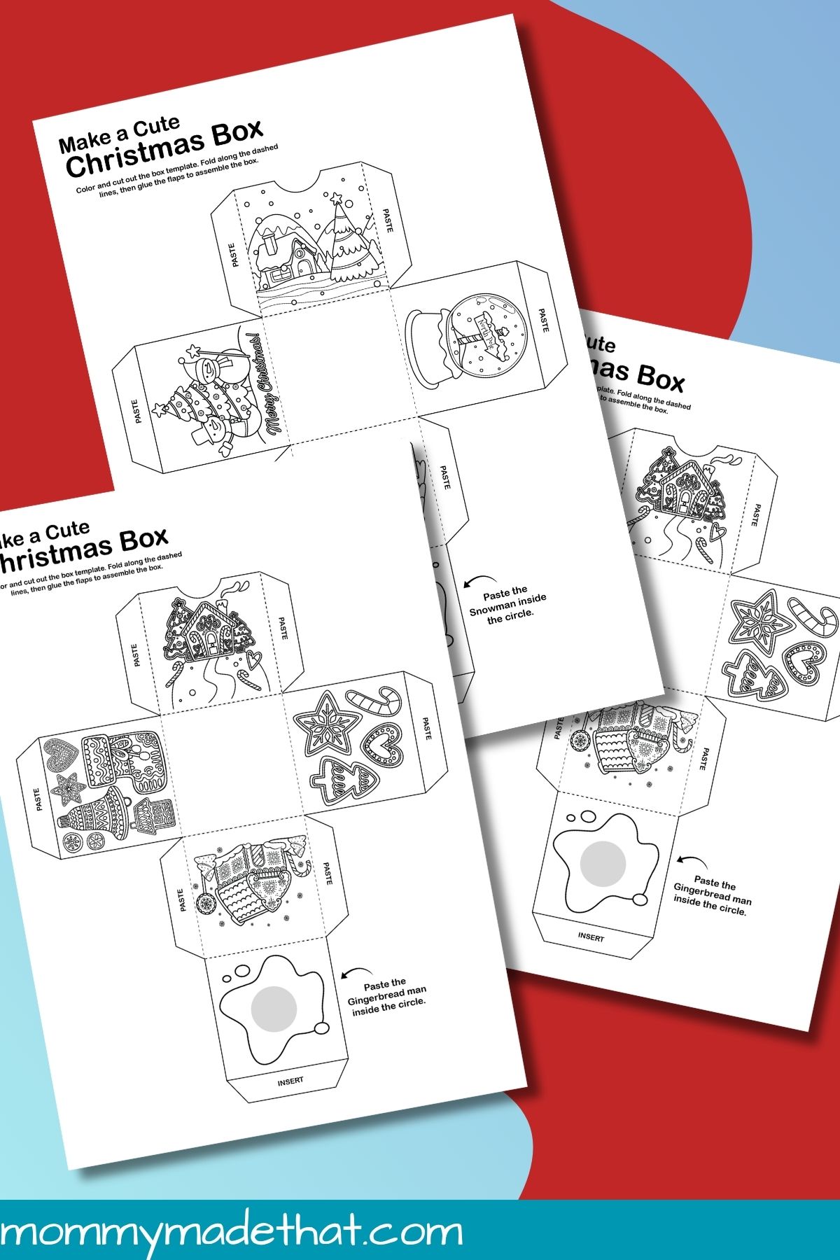 Snowman and gingerbread Christmas box templates to color, cut, and fold