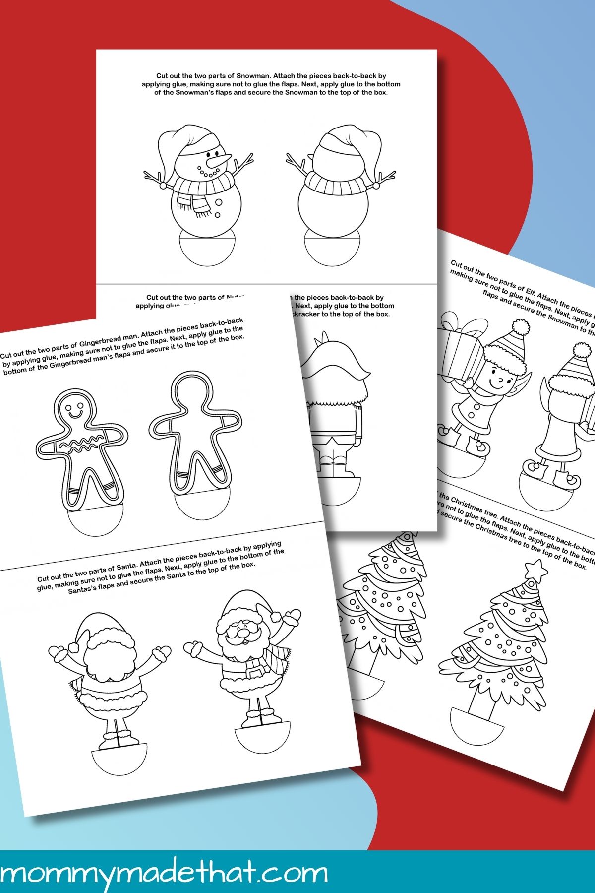Front and back Christmas box toppers featuring six holiday characters and designs