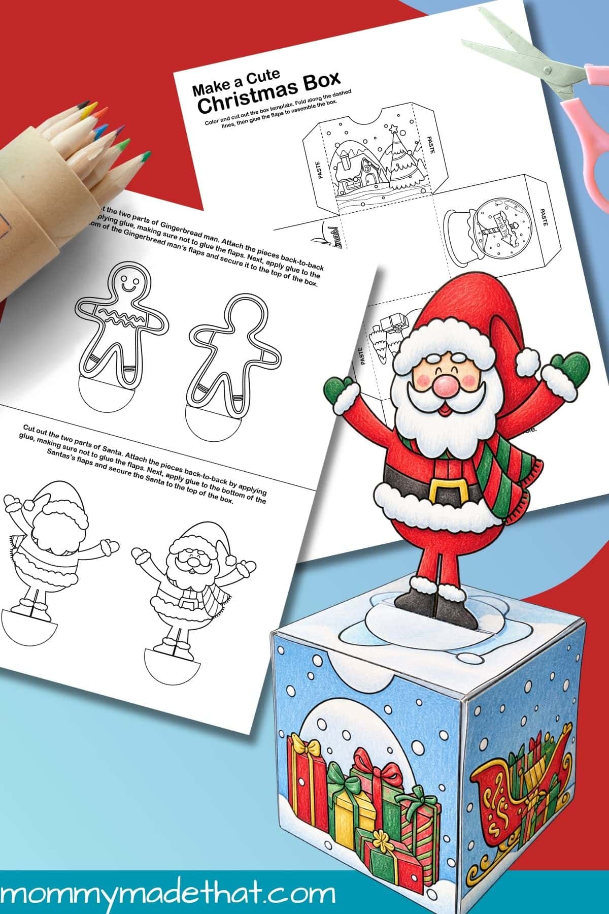 Santa Christmas box display with printable templates, colored pencils, and scissors