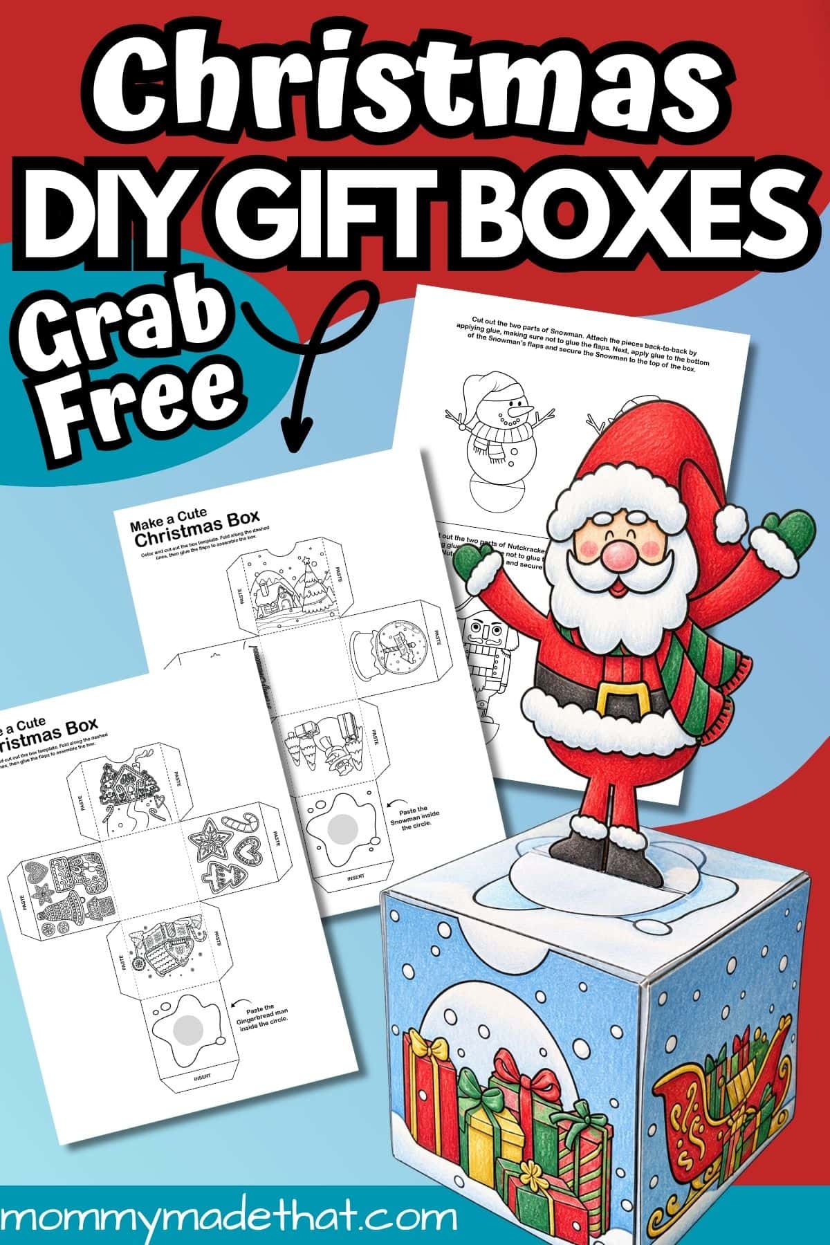 Free printable Christmas gift box templates with a colored Santa box example