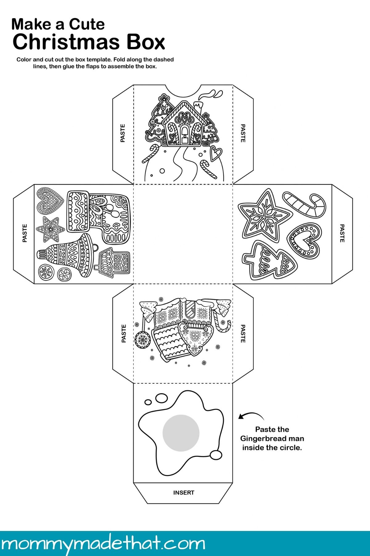 Gingerbread Christmas box template with fold lines, glue tabs, and topper placement circle
