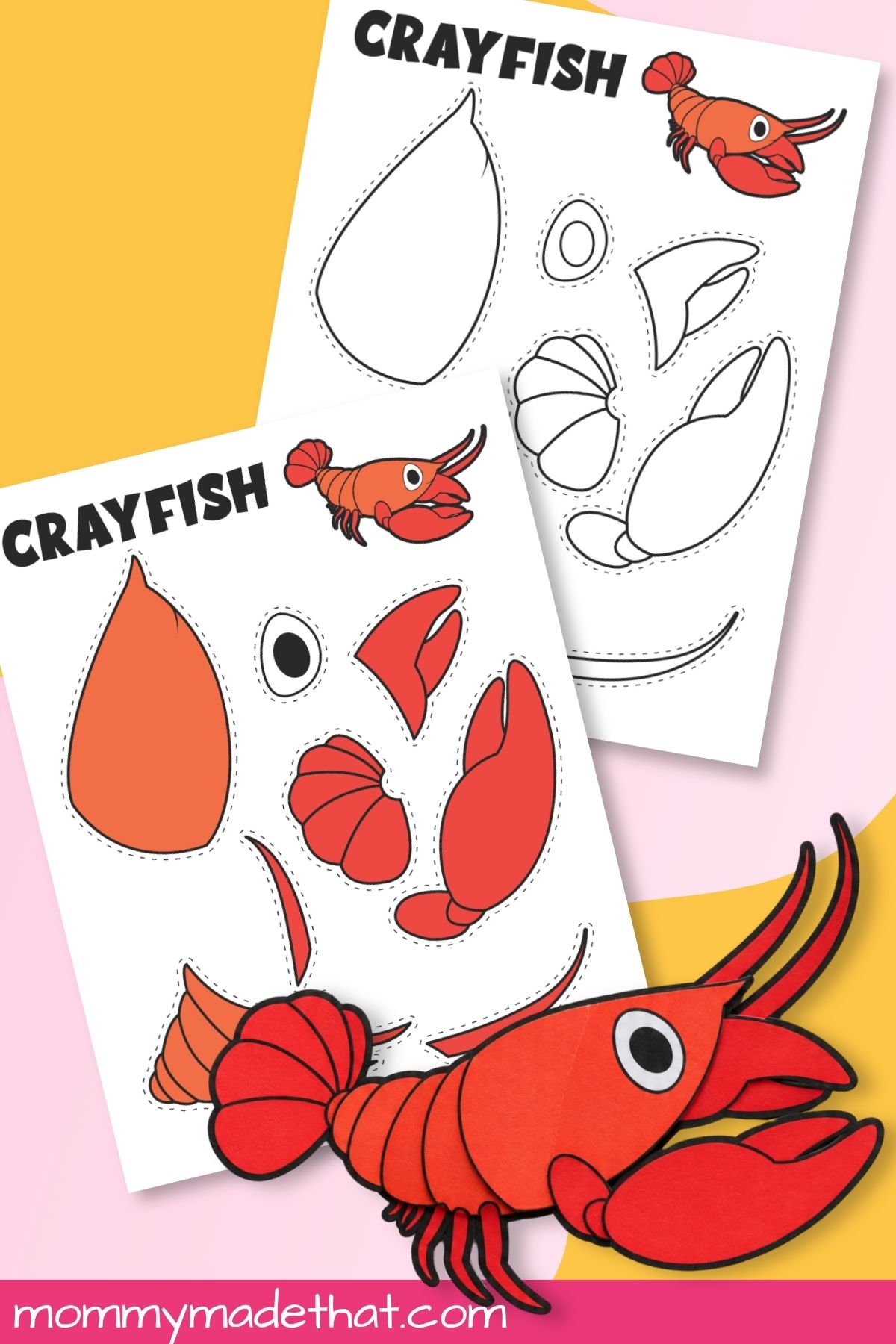 Finished paper crayfish with colored and coloring templates