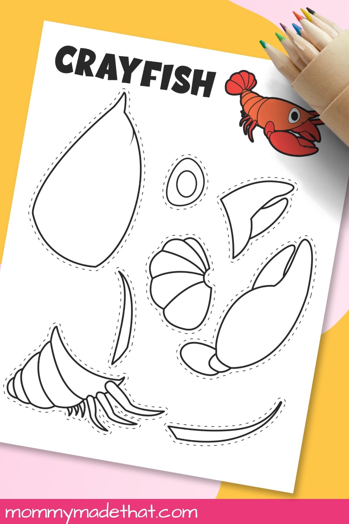 Crayfish coloring template with colored pencils