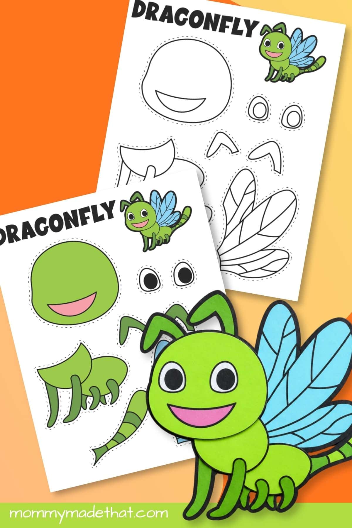 Finished paper dragonfly with colored and coloring templates