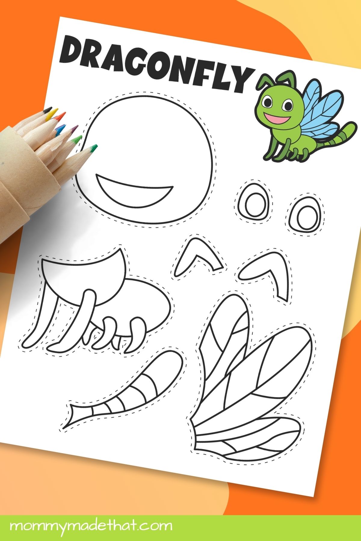 Dragonfly coloring template with colored pencils