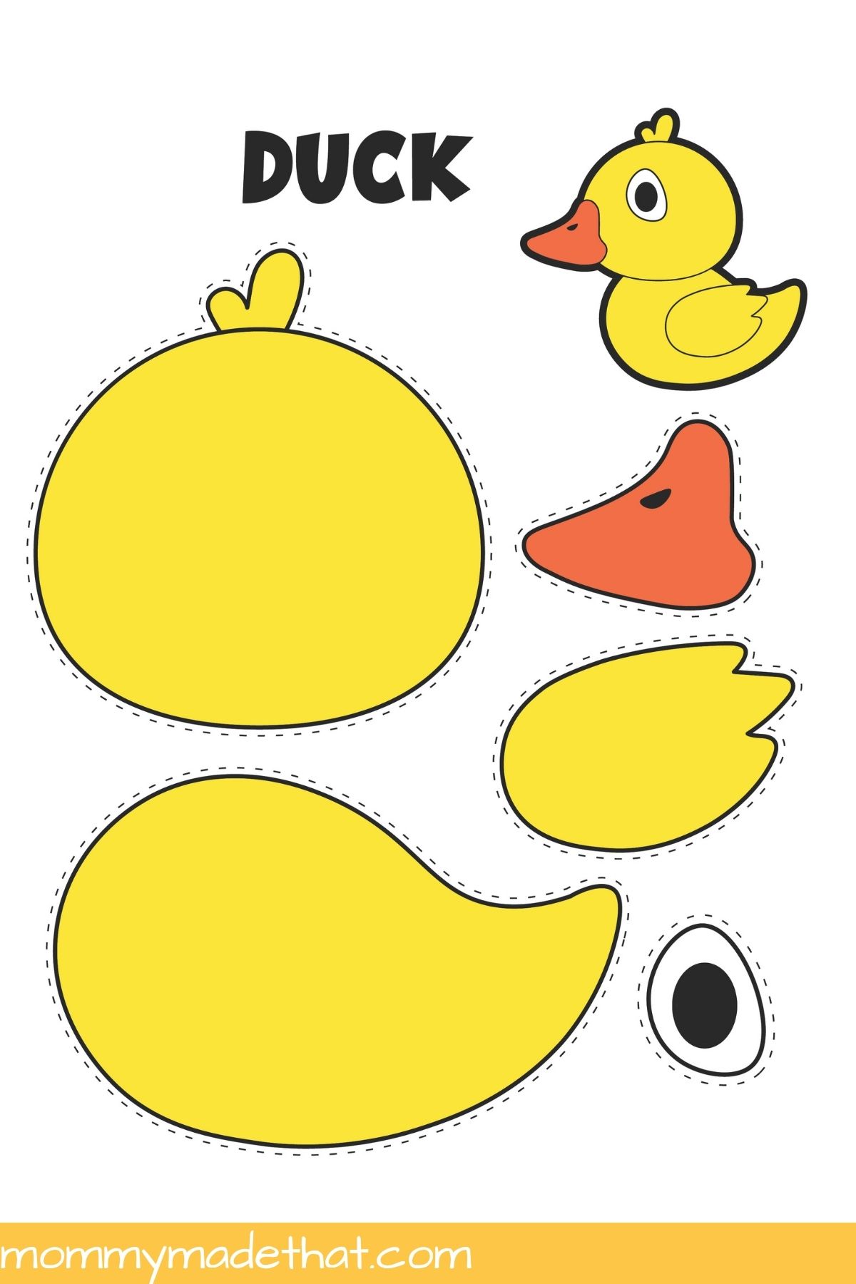 Duck craft pieces with dashed cutting guides
