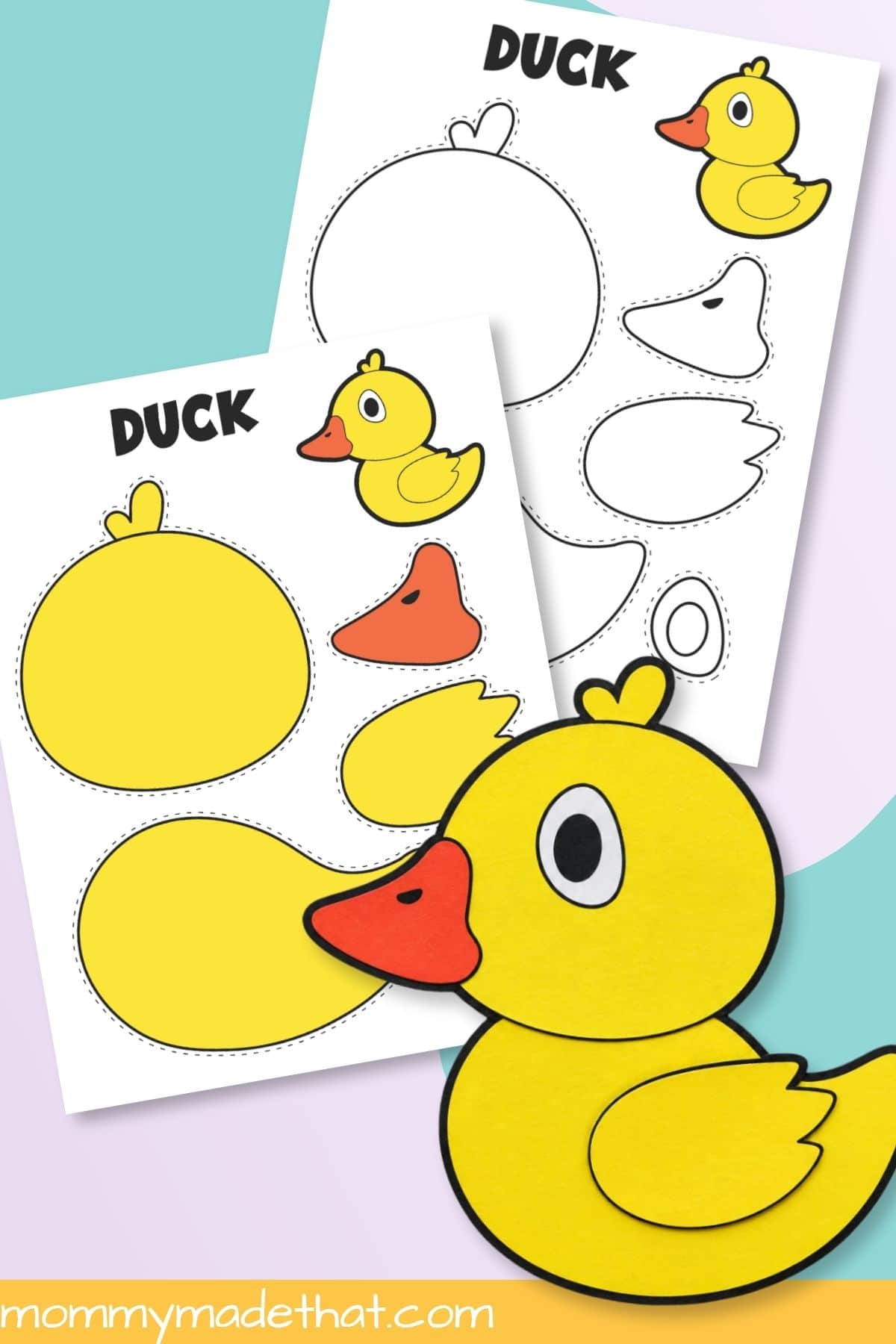 Finished paper duck with colored and coloring templates