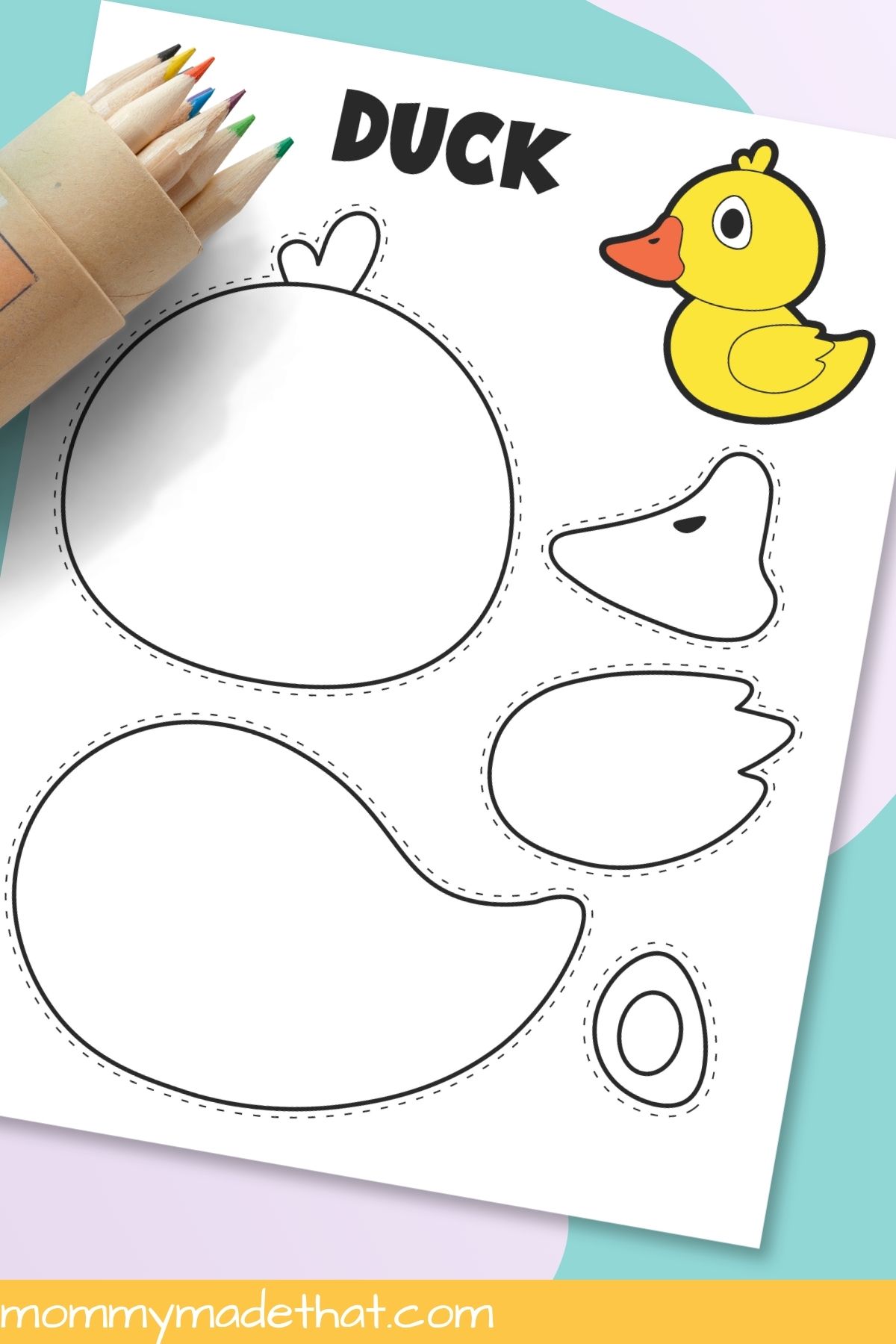 Duck coloring template with colored pencils