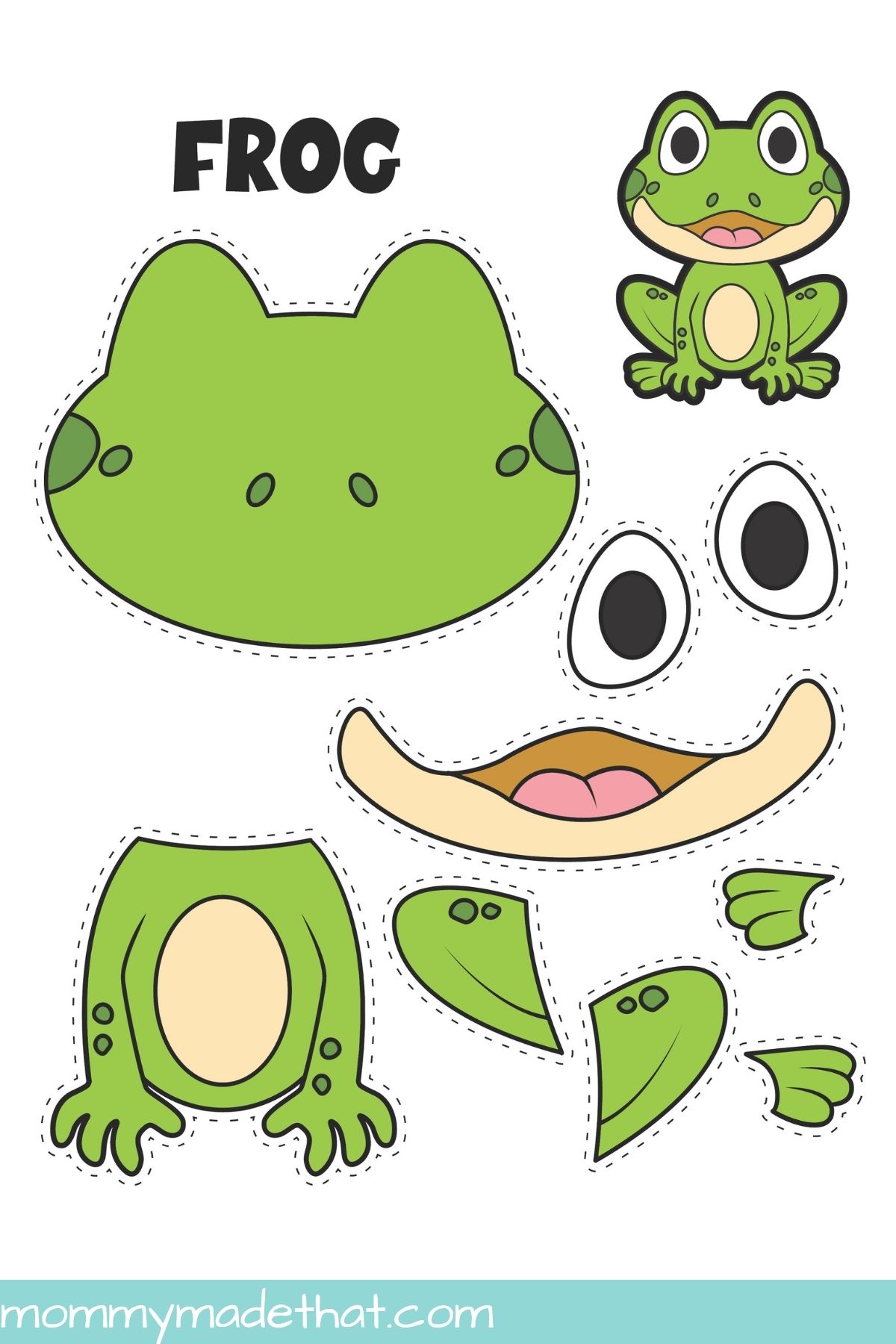 Frog craft pieces with dashed cutting guides