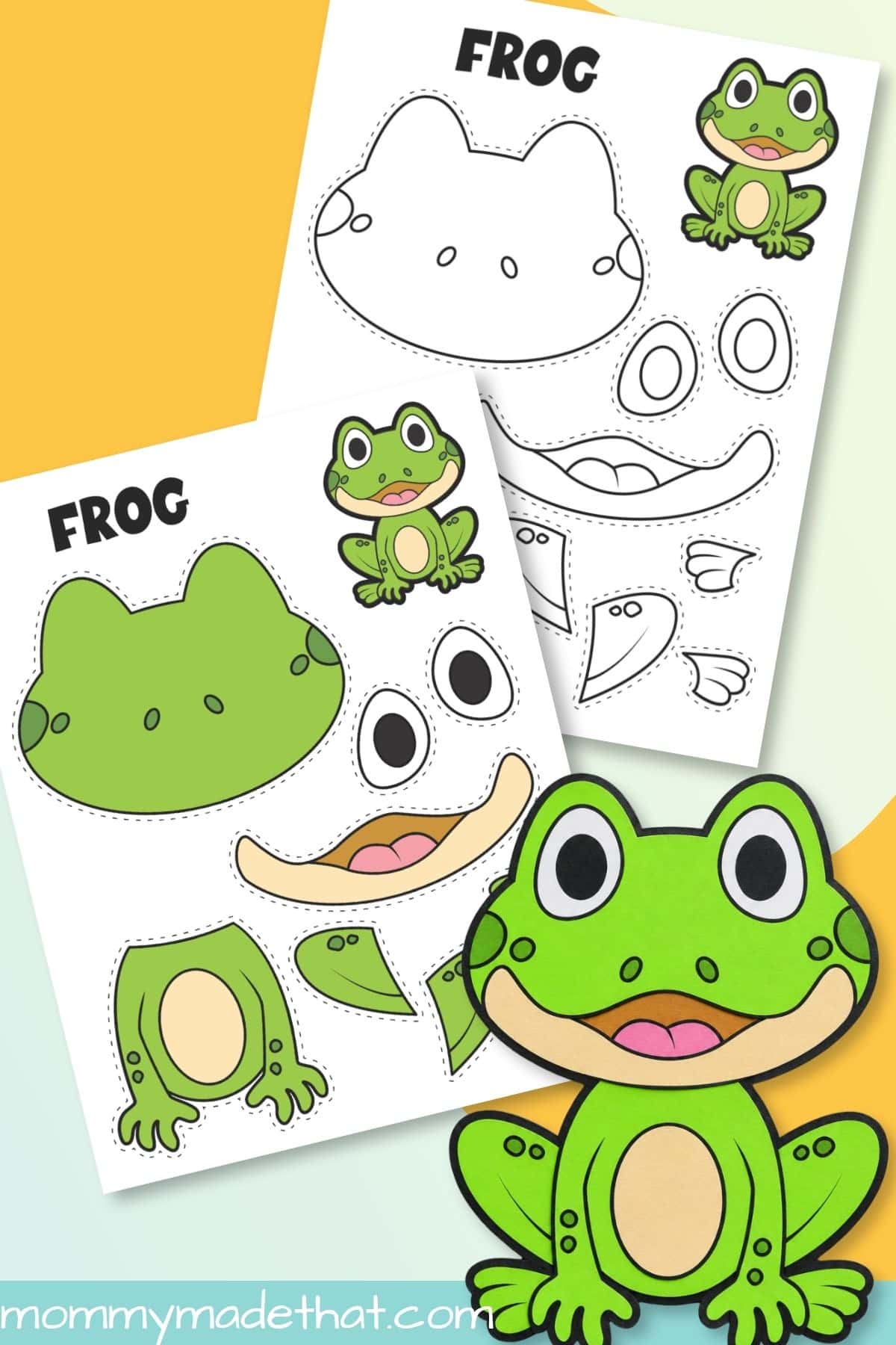 Finished paper frog with colored and coloring templates
