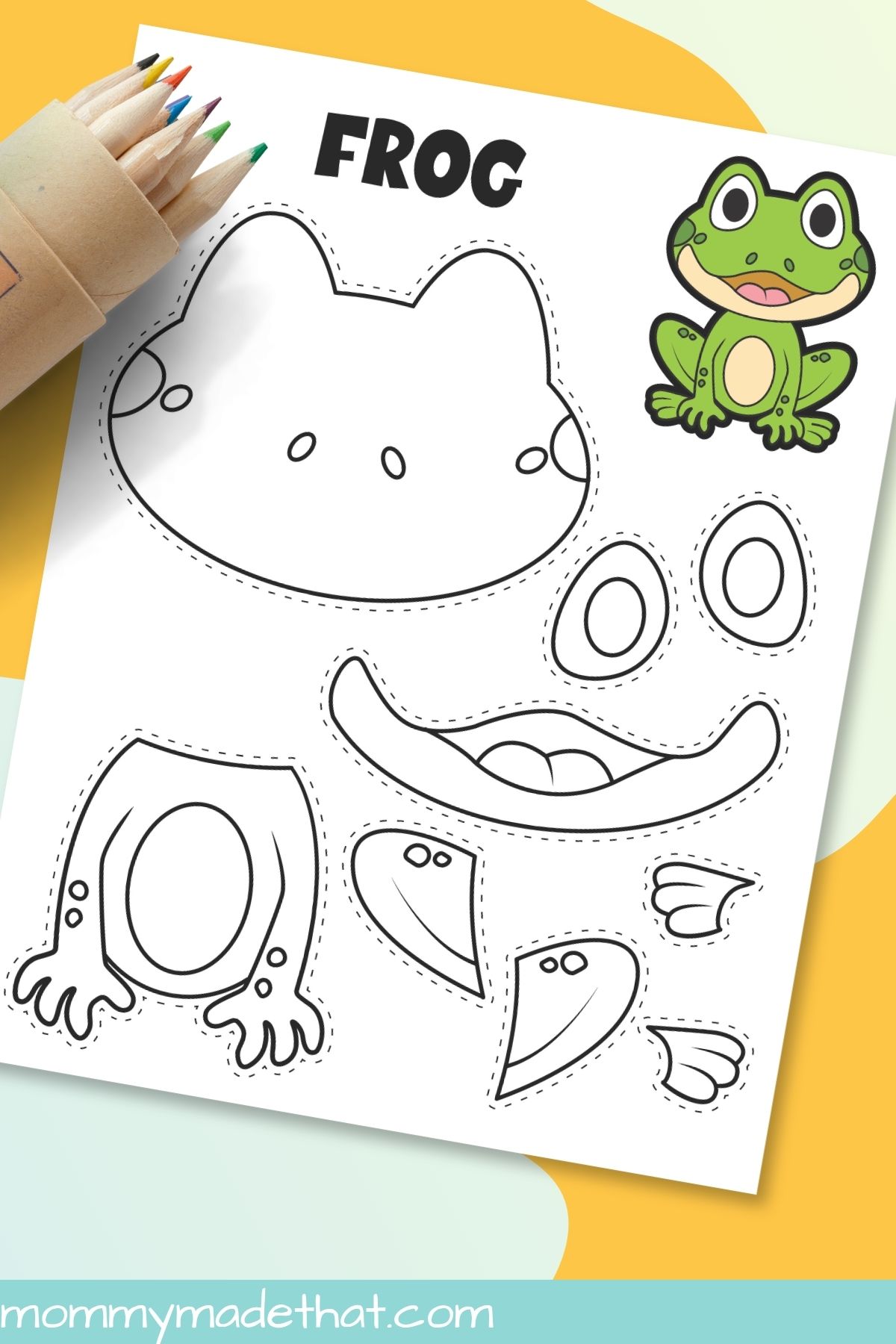 Frog coloring template with colored pencils