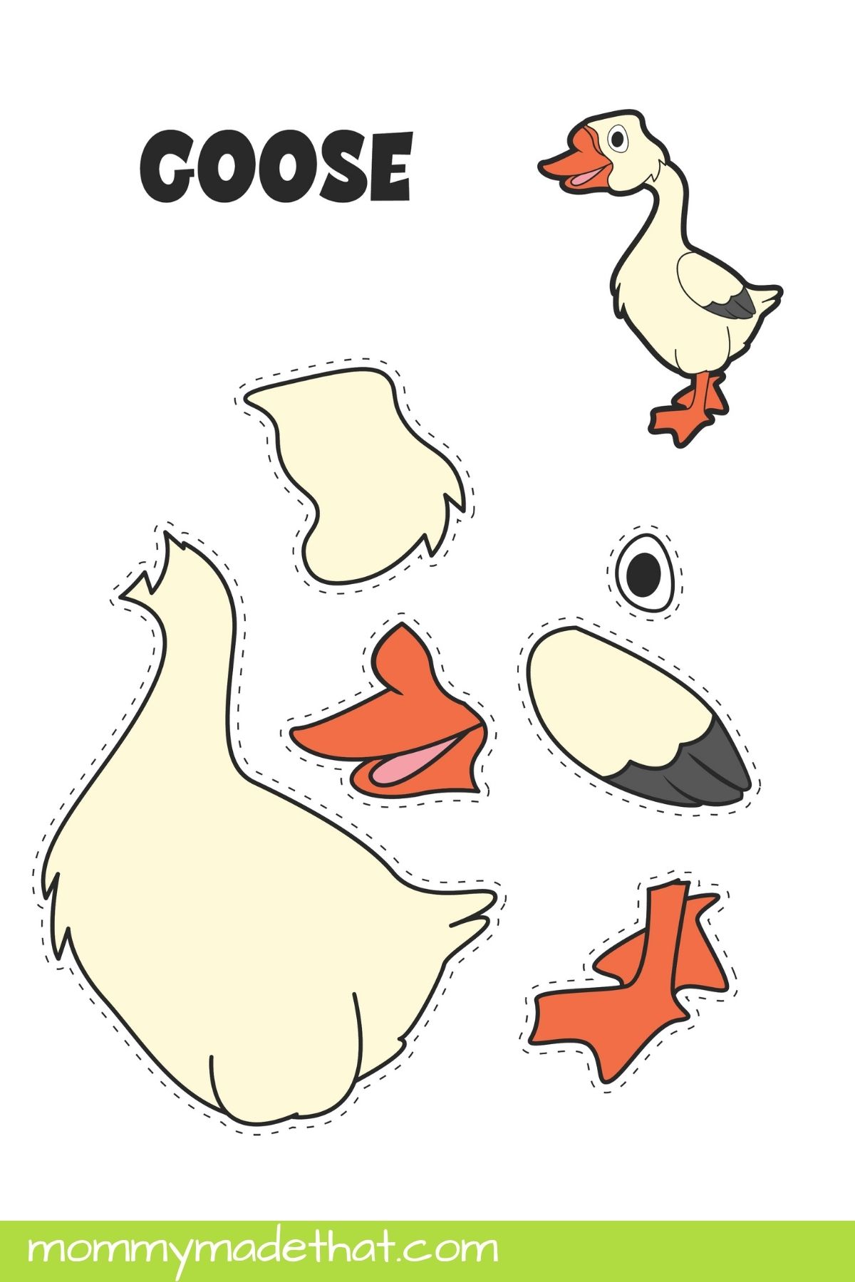 Goose craft pieces with dashed cutting guides