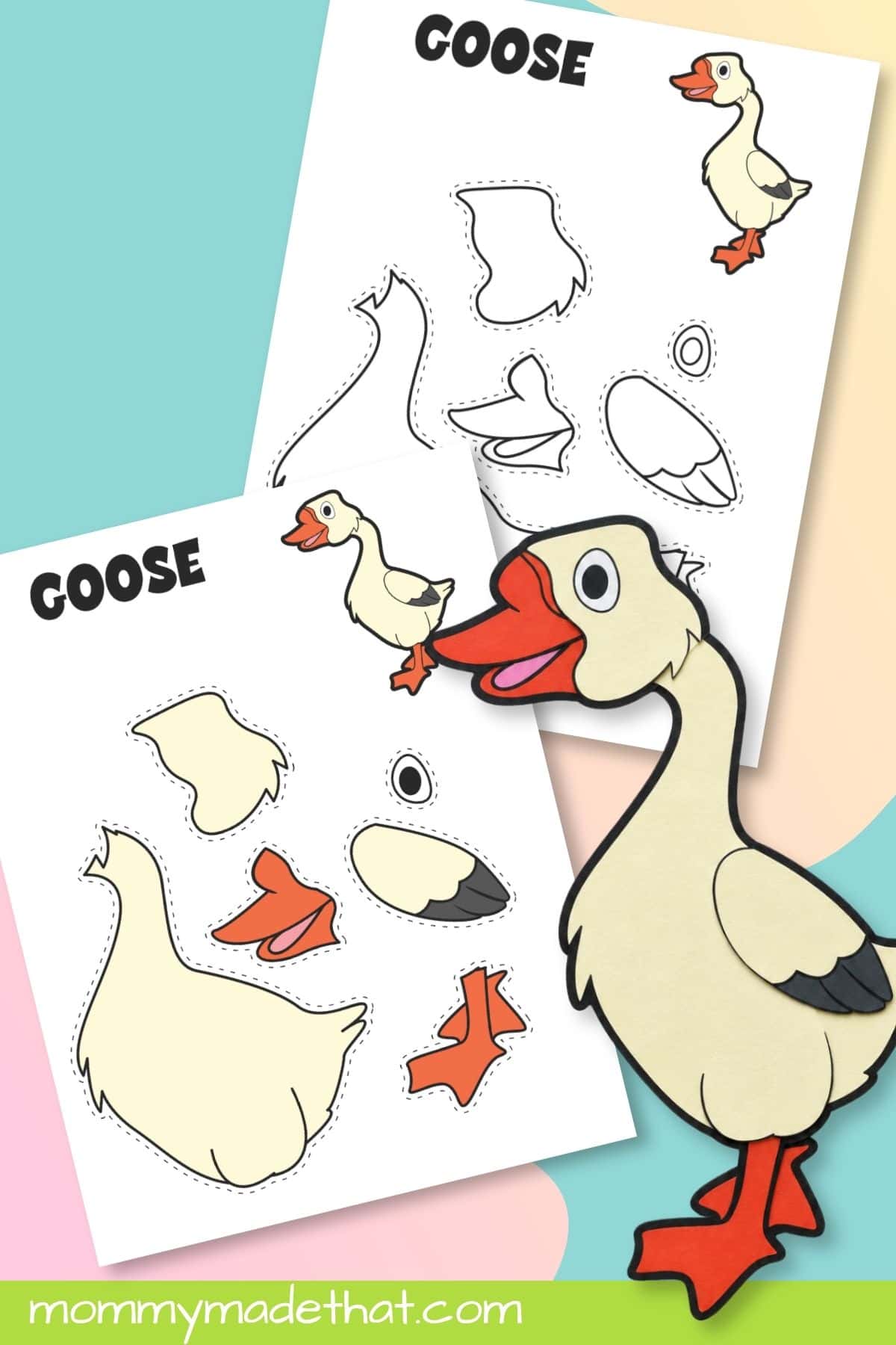 Finished paper goose with colored and coloring templates