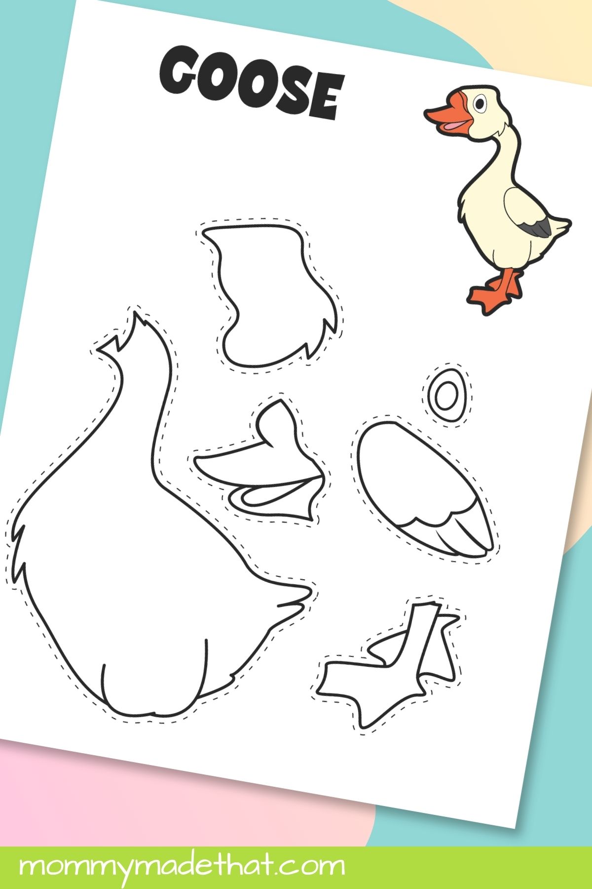 Goose coloring template with colored pencils