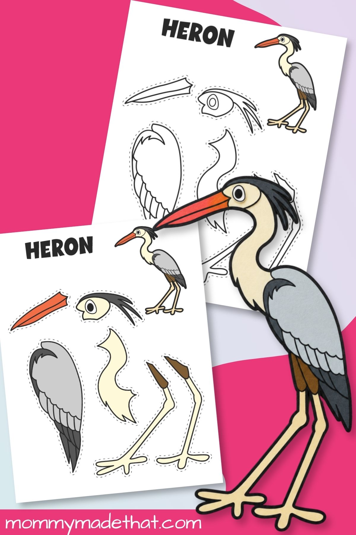 Finished paper heron with colored and coloring templates