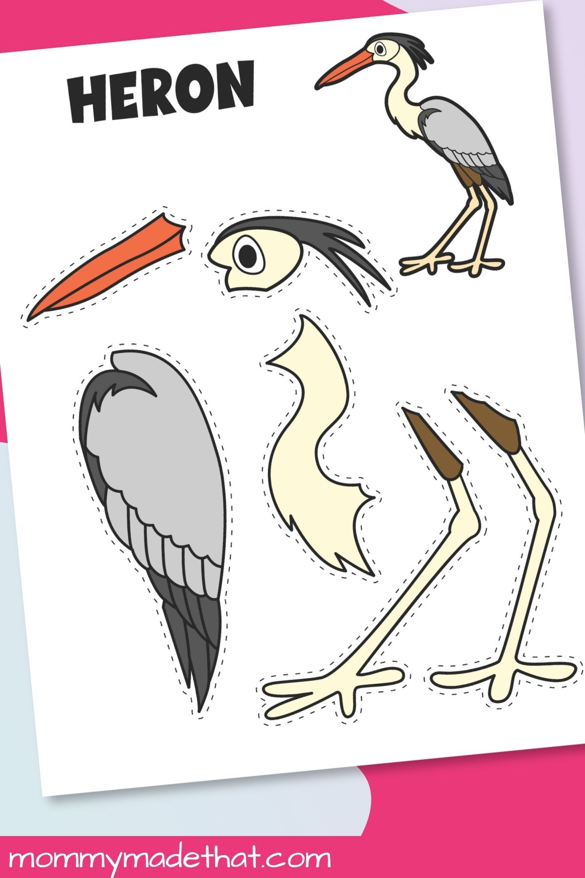 Precolored heron cut and paste craft template