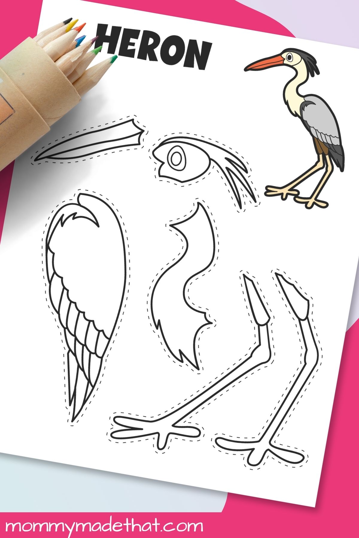 Heron coloring template with colored pencils