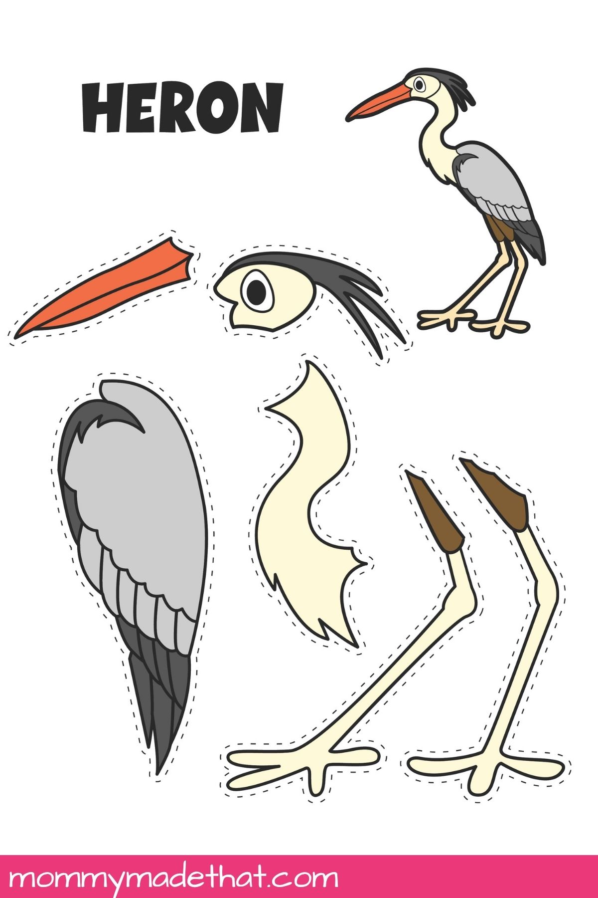Heron craft pieces with dashed cutting guides