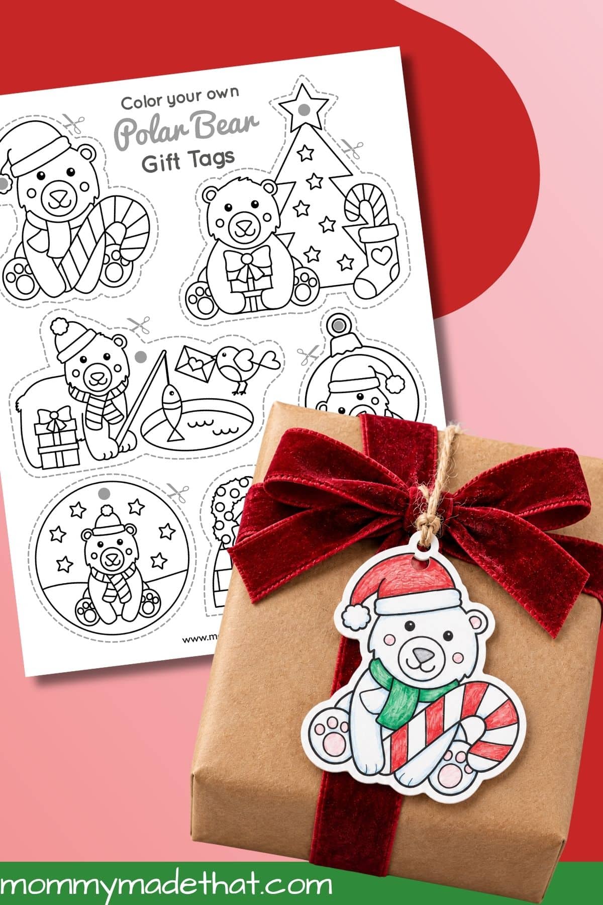 Printable polar bear gift tags sheet beside a colored bear tag on a wrapped gift