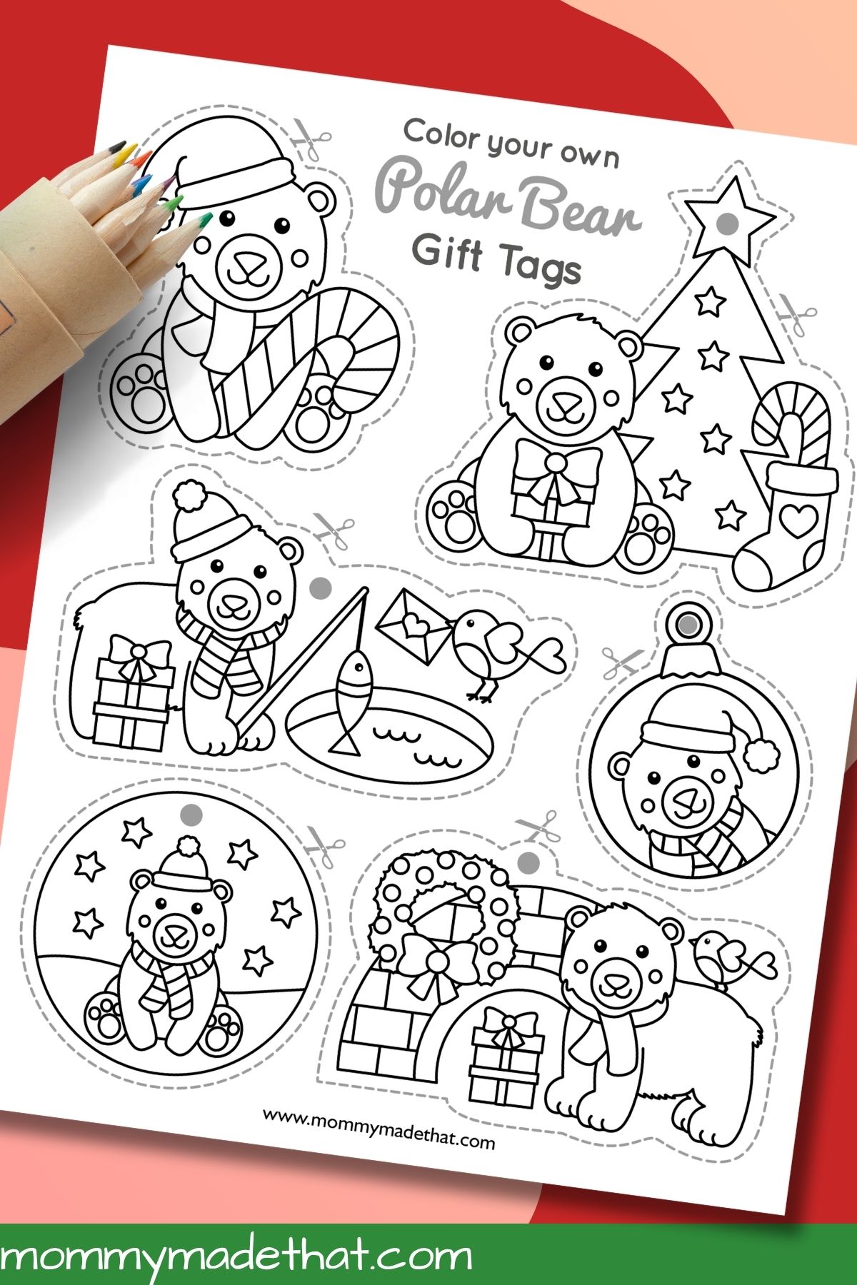 Six black-and-white polar bear gift tags with colored pencils